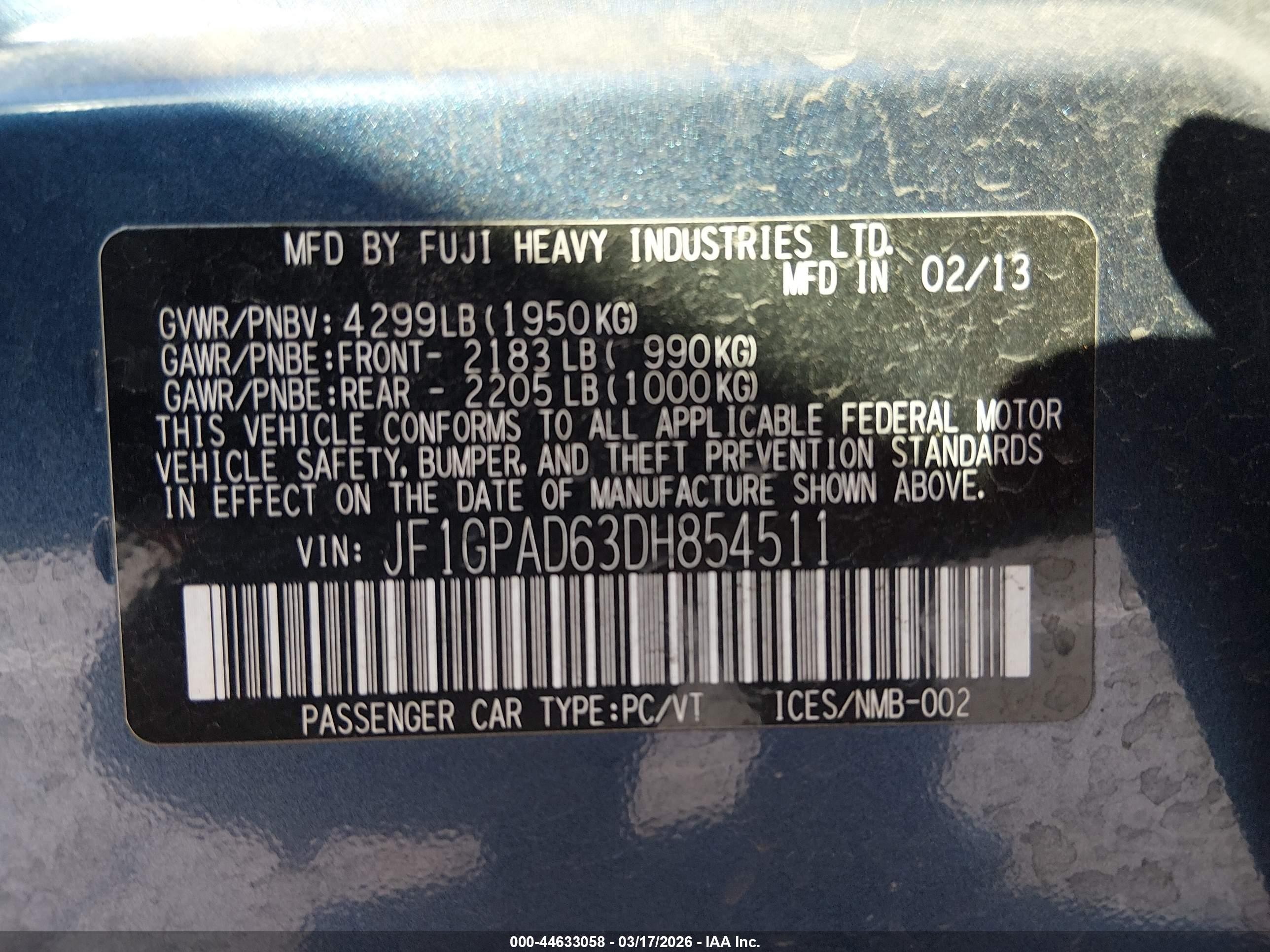2013 Subaru Impreza 2.0i Premium Blue vin: JF1GPAD63DH854511