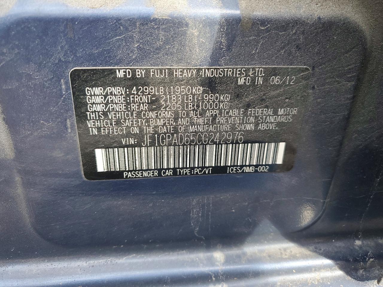 2012 Subaru Impreza Premium Blue vin: JF1GPAD65CG242976