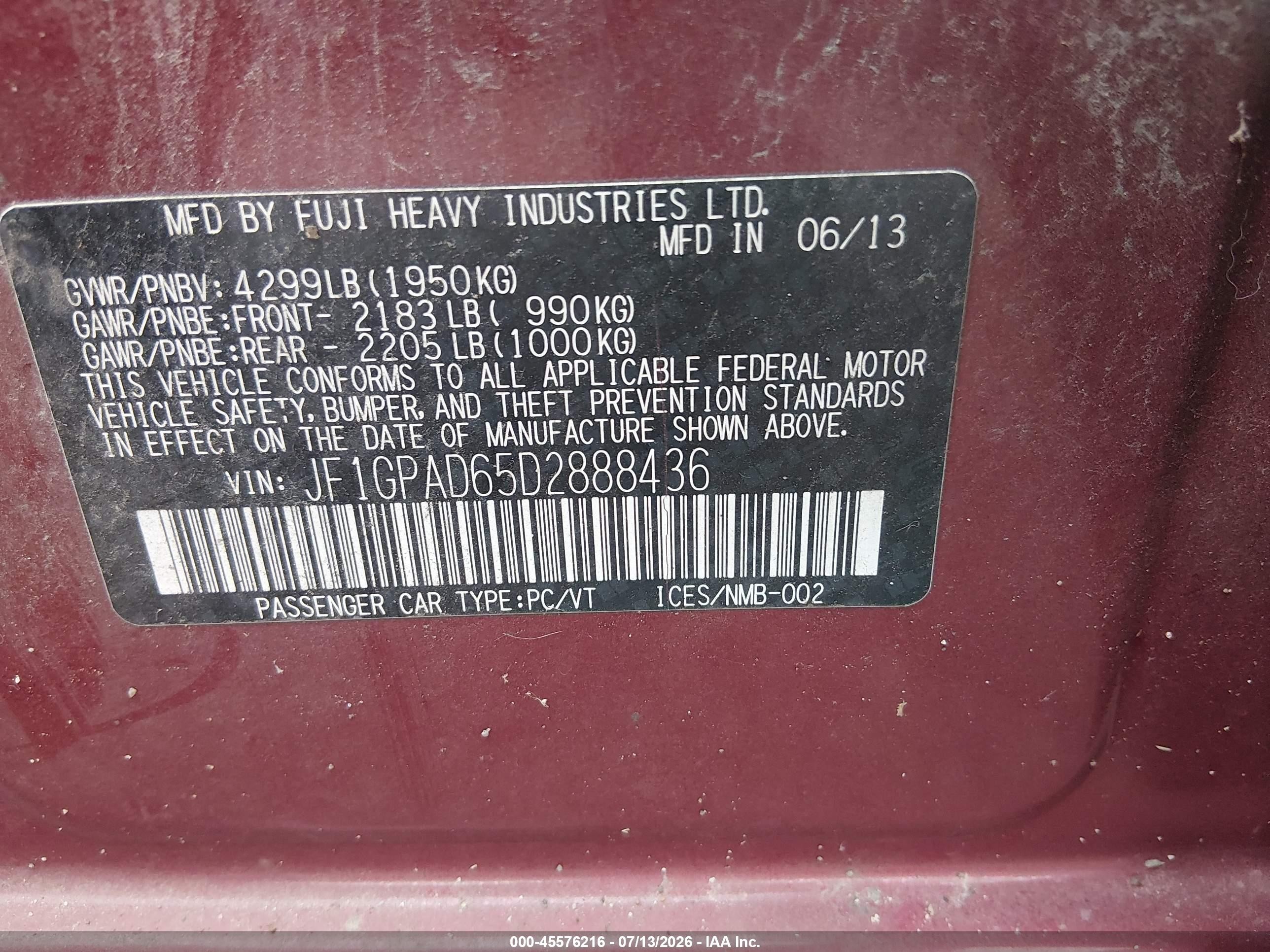 2013 Subaru Impreza 2.0i Premium Black vin: JF1GPAD65D2888436