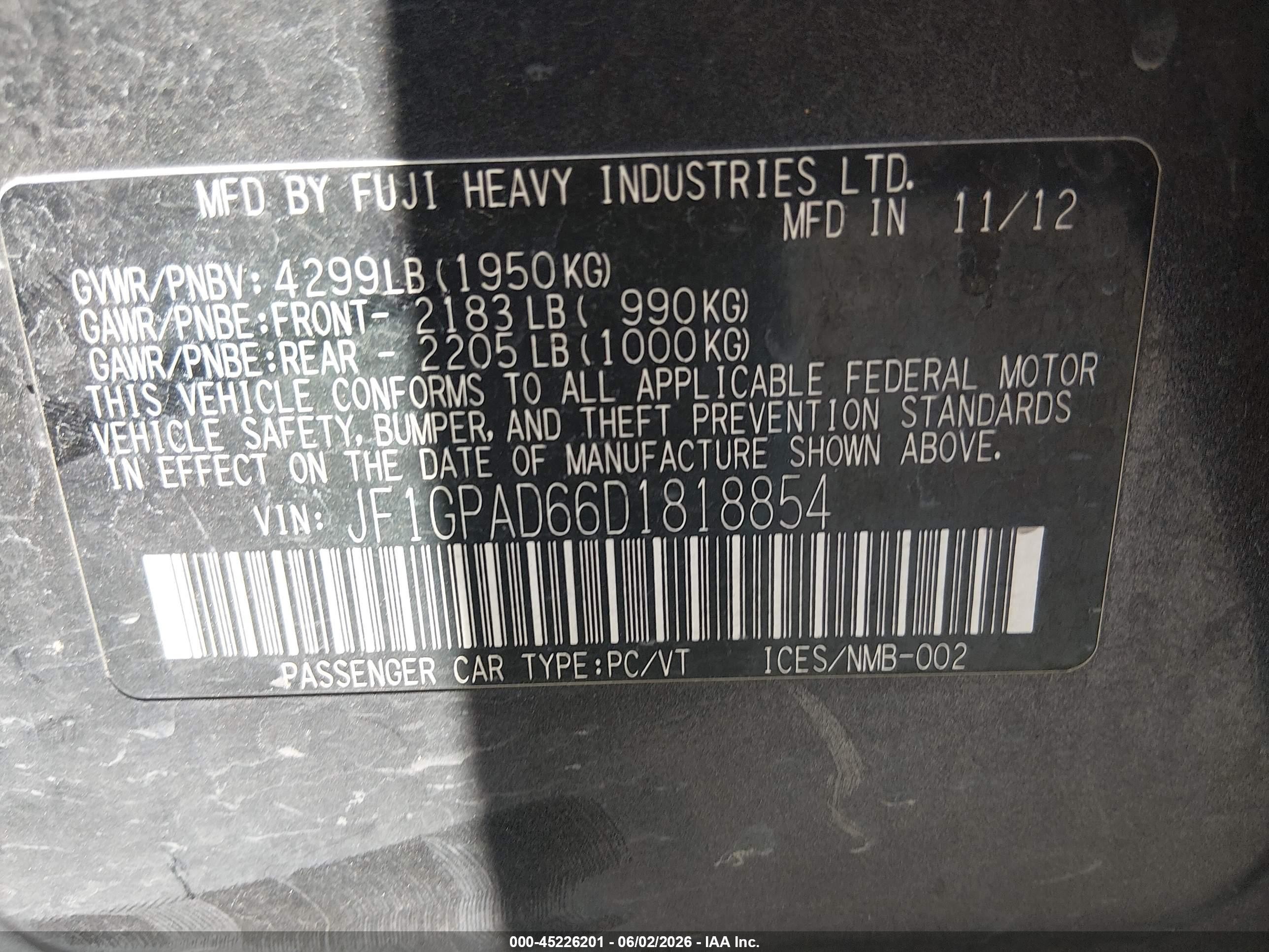 2013 Subaru Impreza 2.0i Premium Black vin: JF1GPAD66D1818854