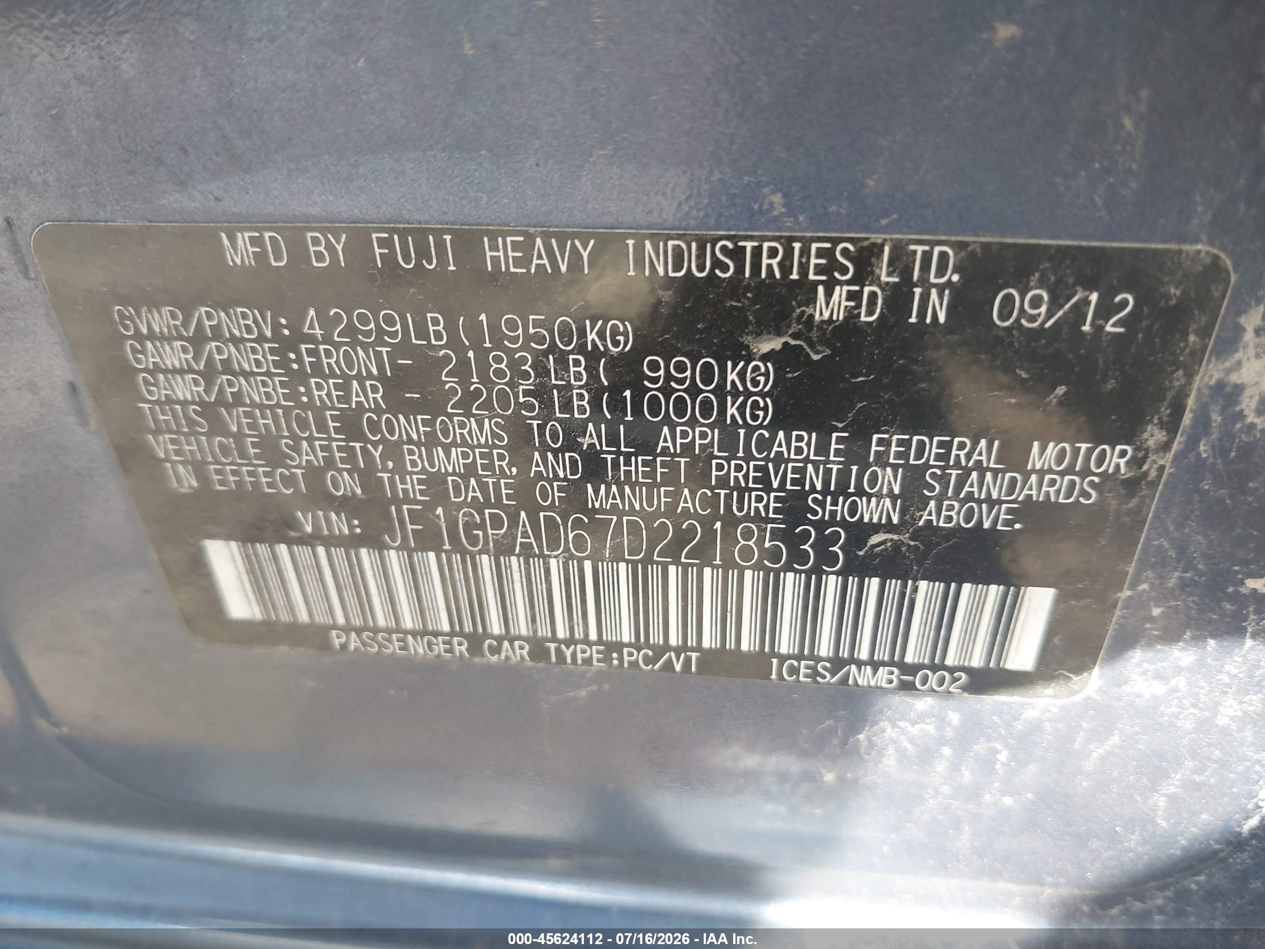 2013 Subaru Impreza 2.0i Premium Blue vin: JF1GPAD67D2218533
