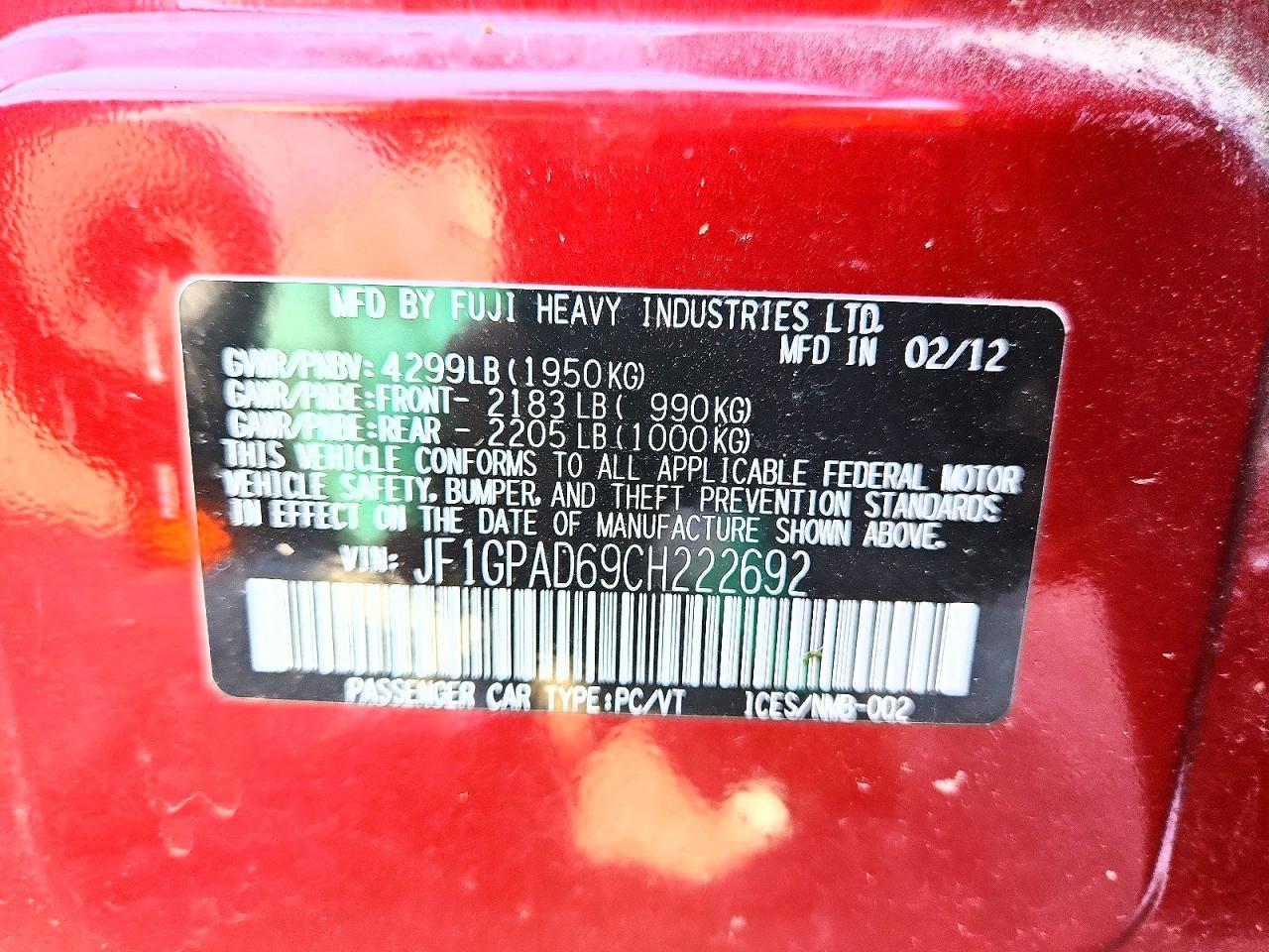 2012 Subaru Impreza Premium Red vin: JF1GPAD69CH222692