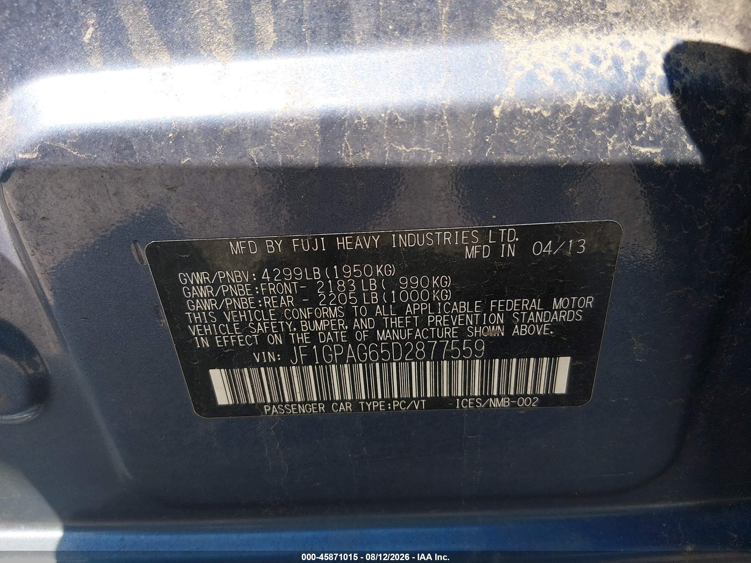 2013 Subaru Impreza 2.0i Limited Синий vin: JF1GPAG65D2877559