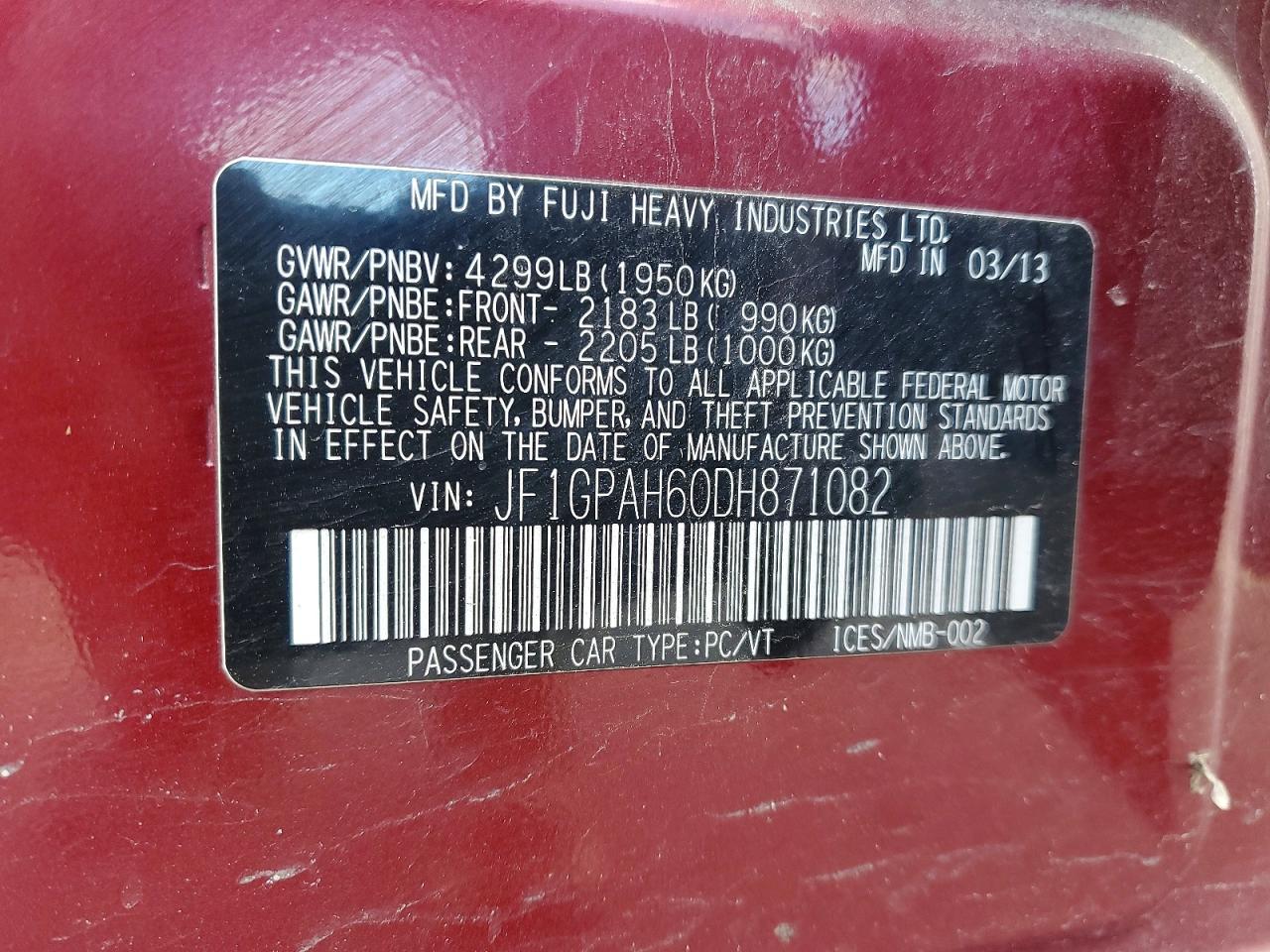 2013 Subaru Impreza Limited Burgundy vin: JF1GPAH60DH871082