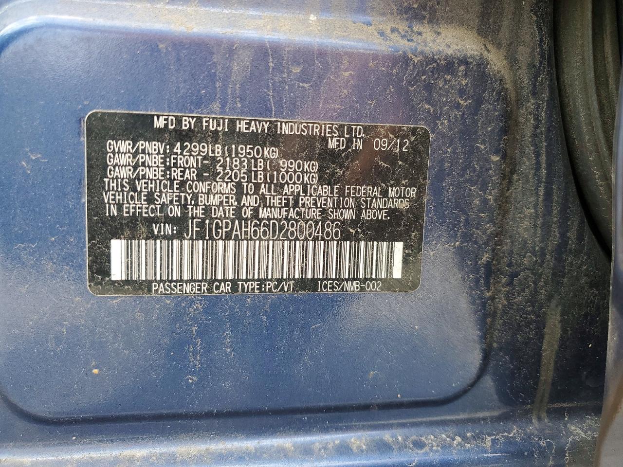 2013 Subaru Impreza Limited Blue vin: JF1GPAH66D2800486