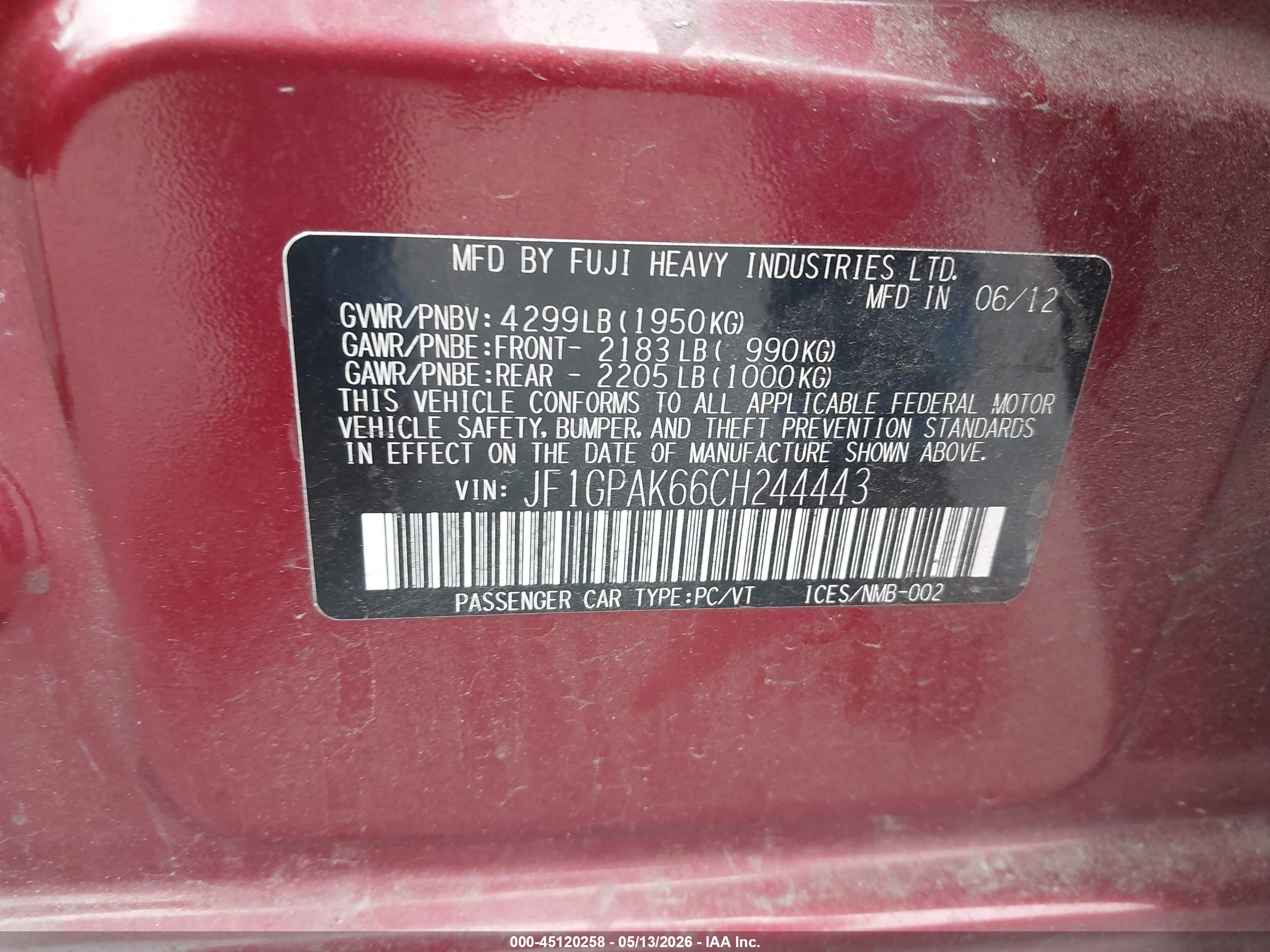 2012 Subaru Impreza 2.0i Limited Red vin: JF1GPAK66CH244443