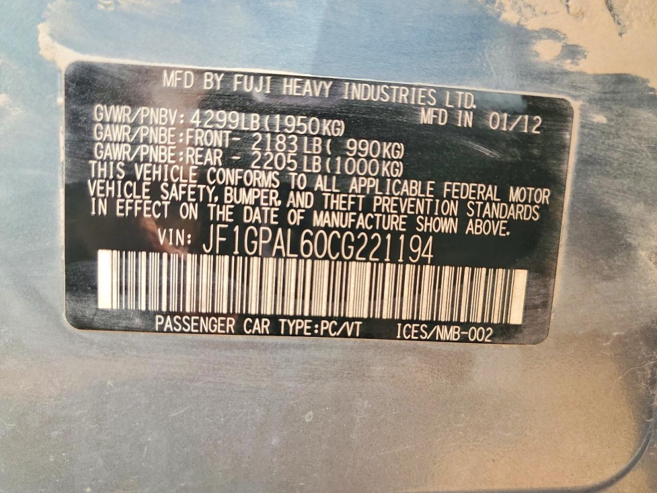 2012 Subaru Impreza Base 4d Wago Blue vin: JF1GPAL60CG221194