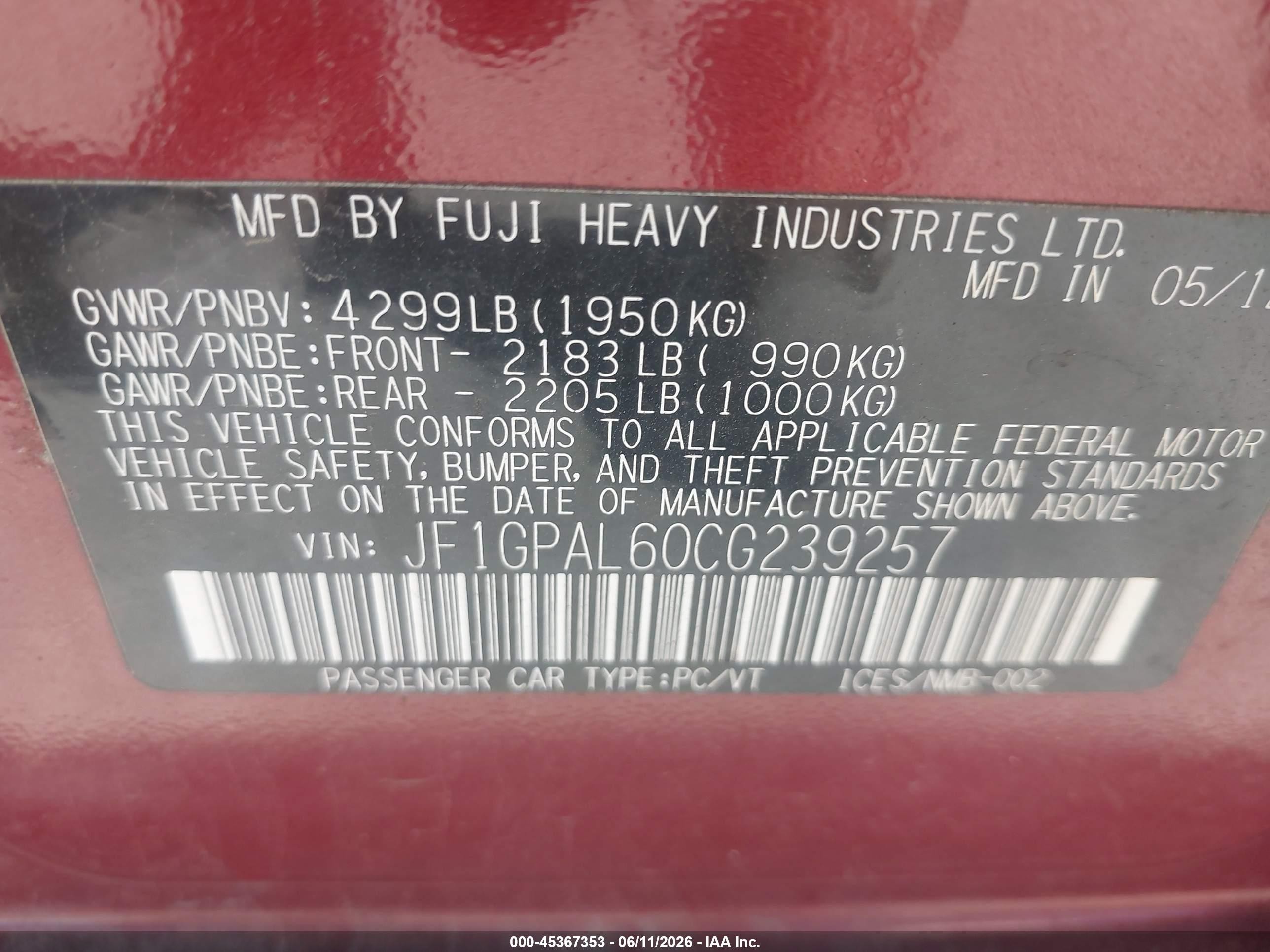 2012 Subaru Impreza 2.0i Sport Premium Бордовый vin: JF1GPAL60CG239257