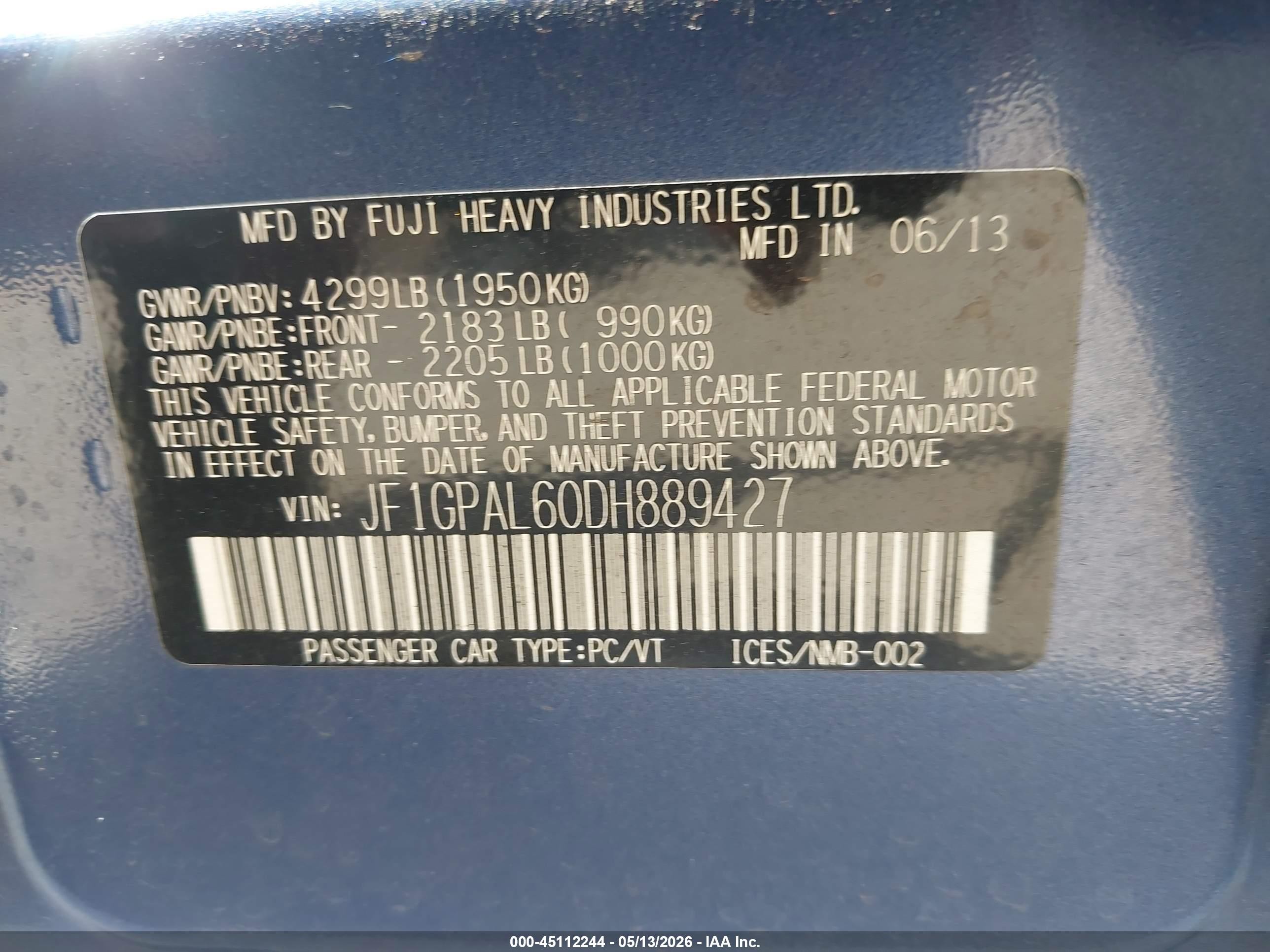 2013 Subaru Impreza 2.0i Sport Premium Blue vin: JF1GPAL60DH889427
