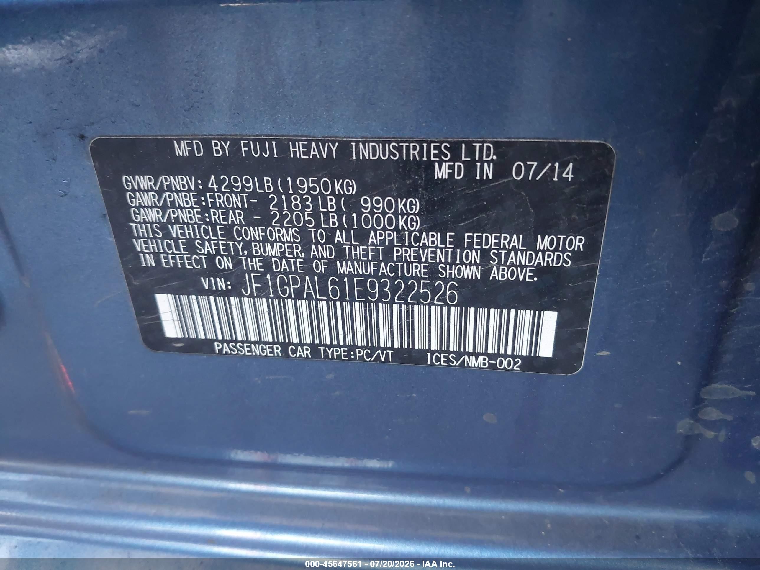 2014 Subaru Impreza 2.0i Sport Premium Blue vin: JF1GPAL61E9322526