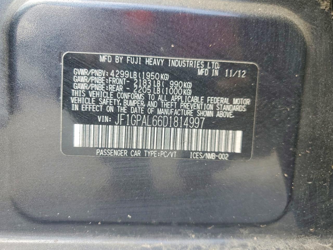 2013 Subaru Impreza Sport Premium Charcoal vin: JF1GPAL66D1814997