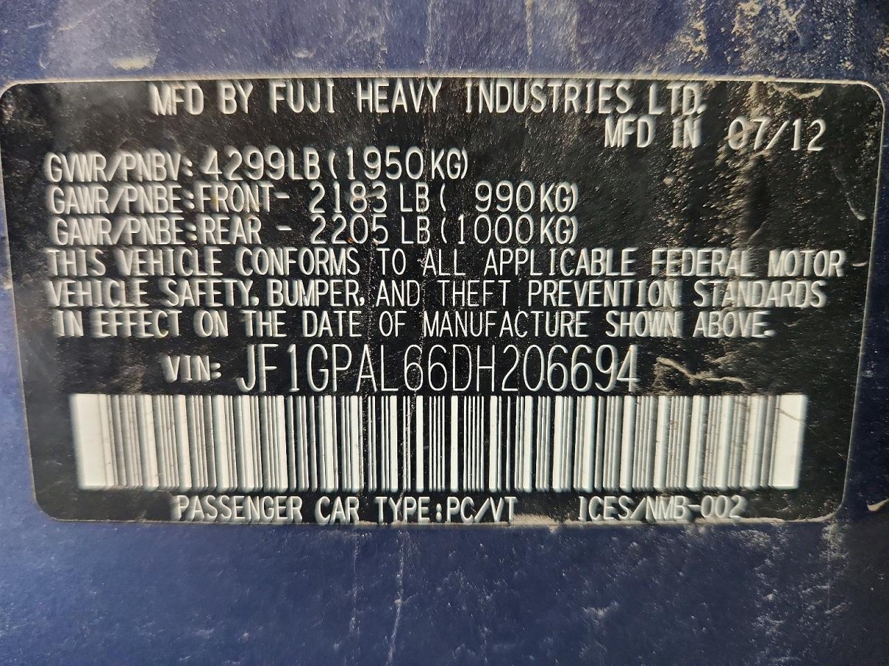 2013 Subaru Impreza Sport Premium Blue vin: JF1GPAL66DH206694