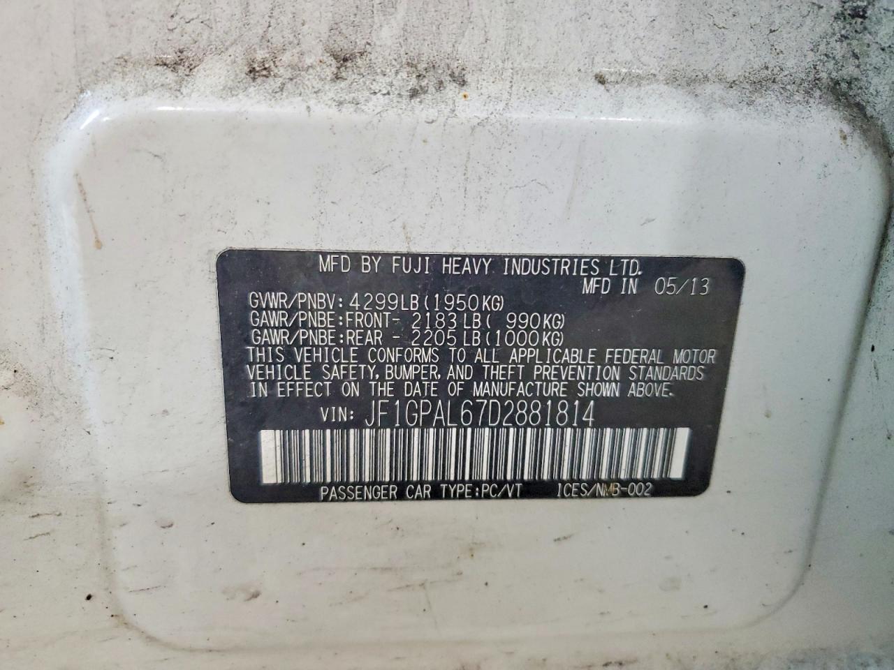 2013 Subaru Impreza Sport Premium White vin: JF1GPAL67D2881814