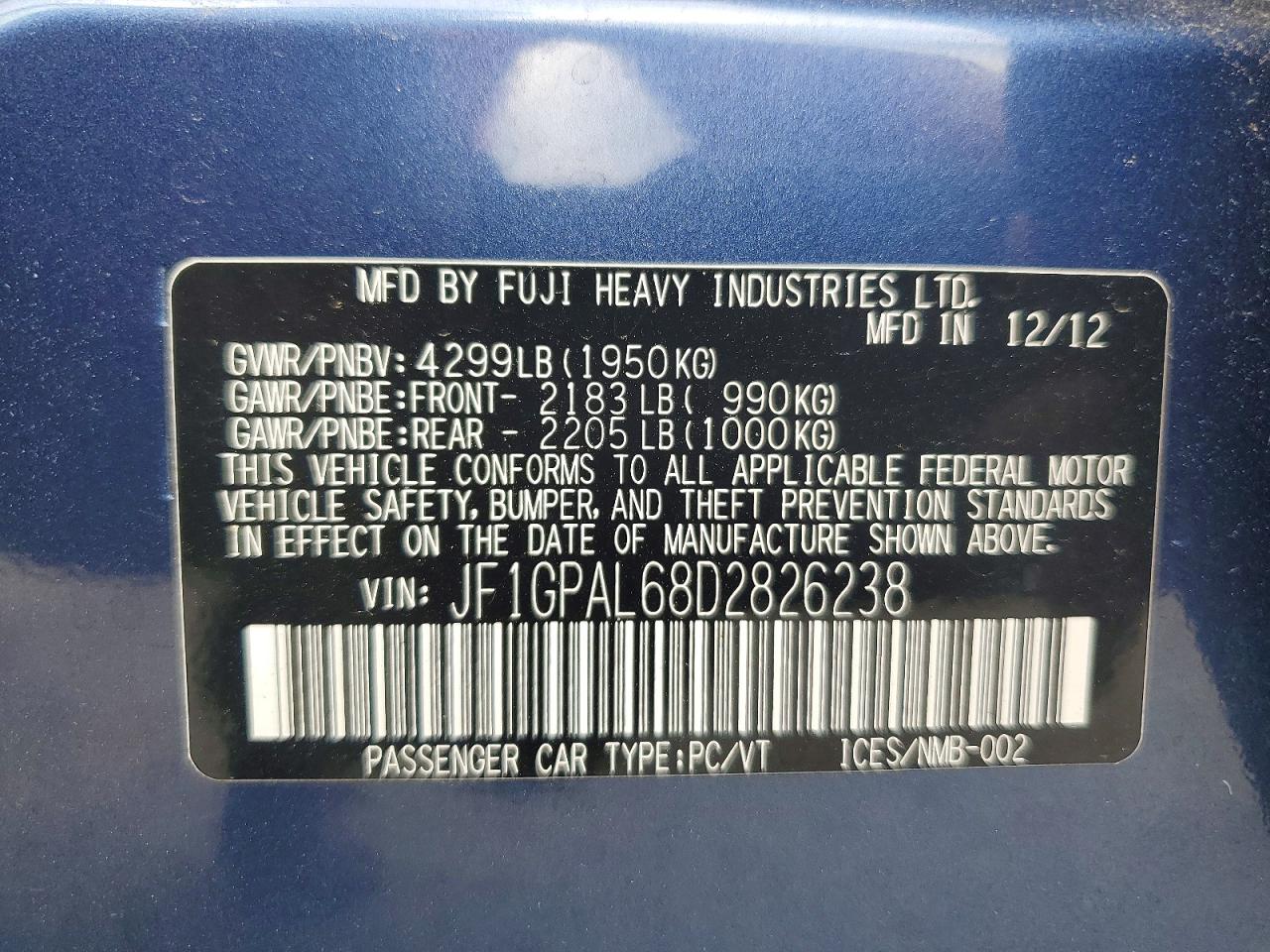 2013 Subaru Impreza Sport Premium Синий vin: JF1GPAL68D2826238