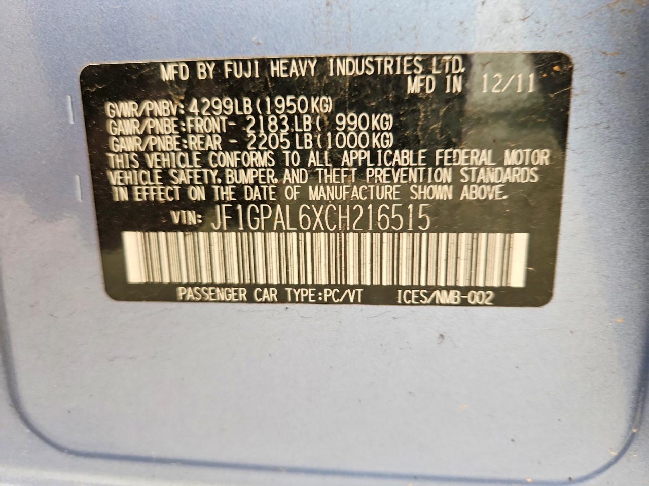 2012 Subaru Impreza Sport Premium Blue vin: JF1GPAL6XCH216515