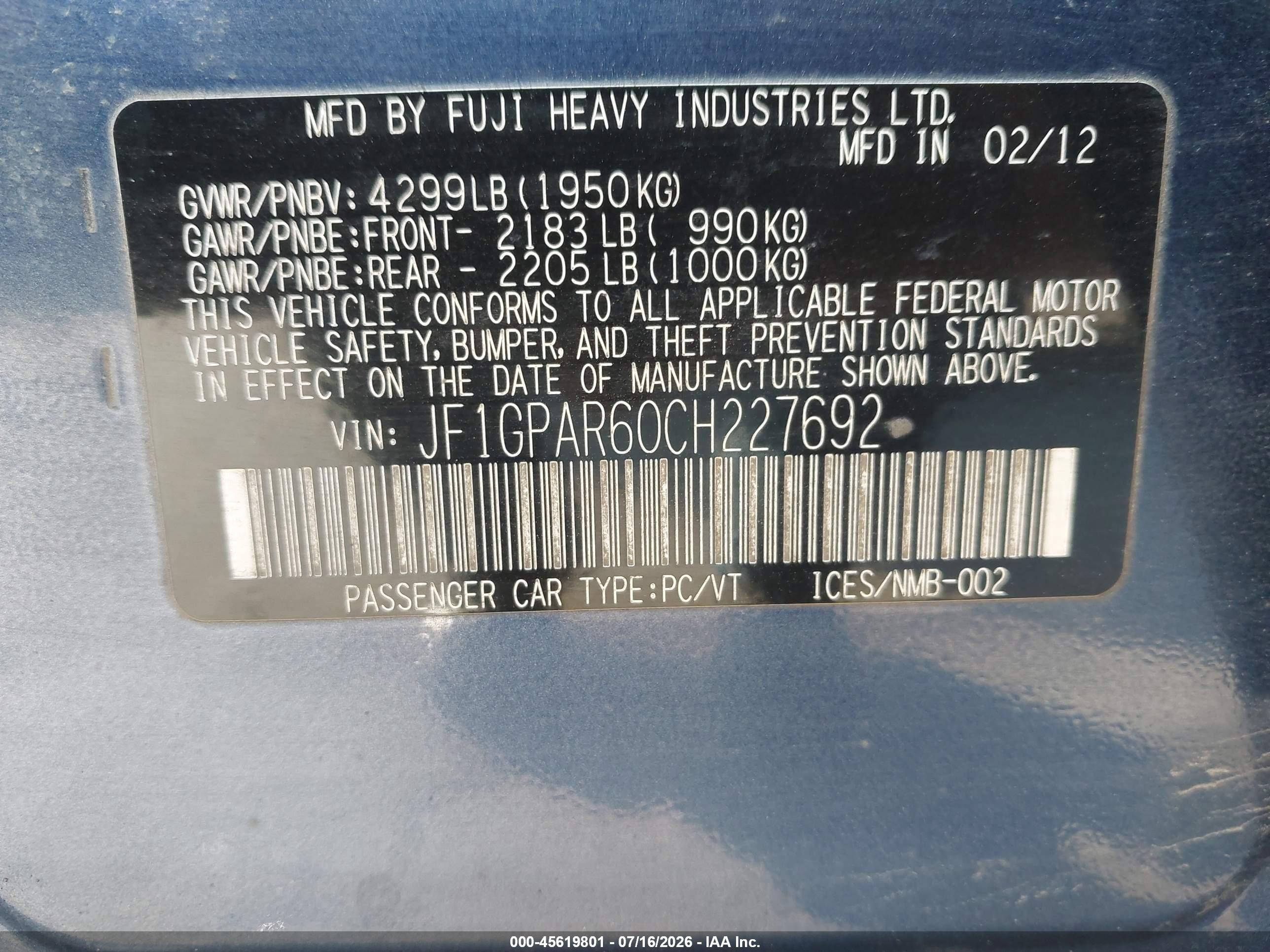 2012 Subaru Impreza 2.0i Sport Limited Blue vin: JF1GPAR60CH227692