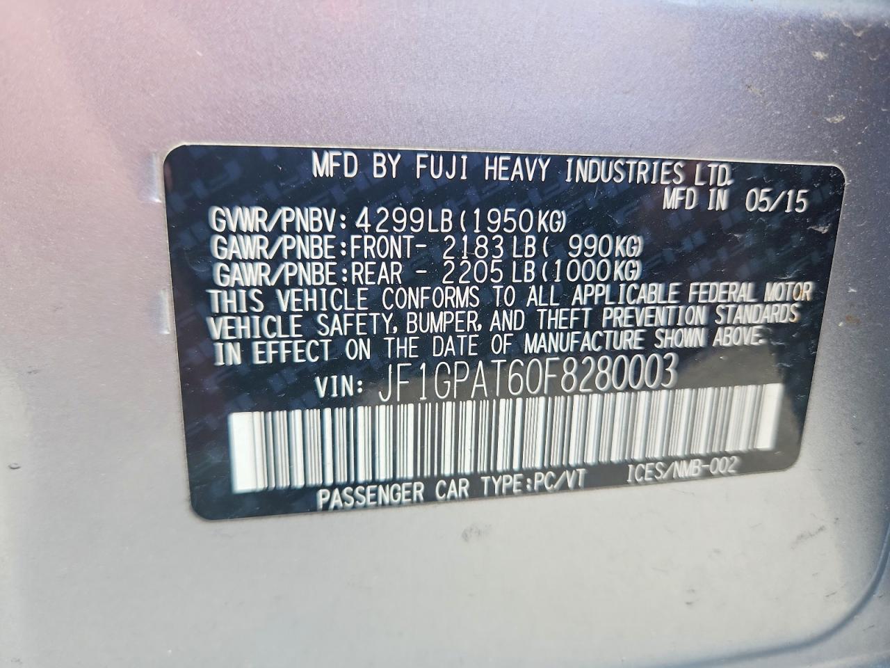 2015 Subaru Impreza Sport Silver vin: JF1GPAT60F8280003