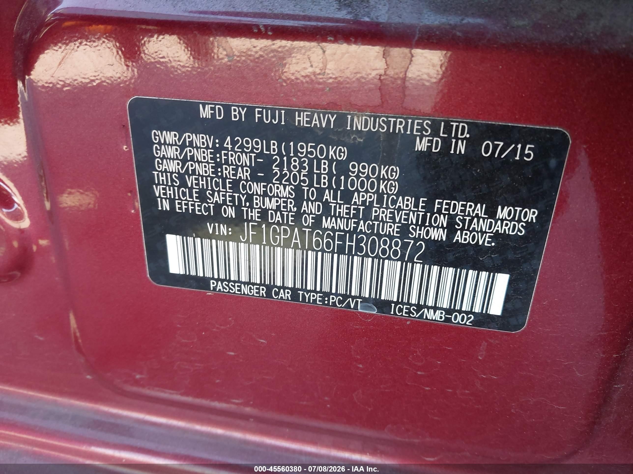 2015 Subaru Impreza 2.0i Sport Premium Burgundy vin: JF1GPAT66FH308872