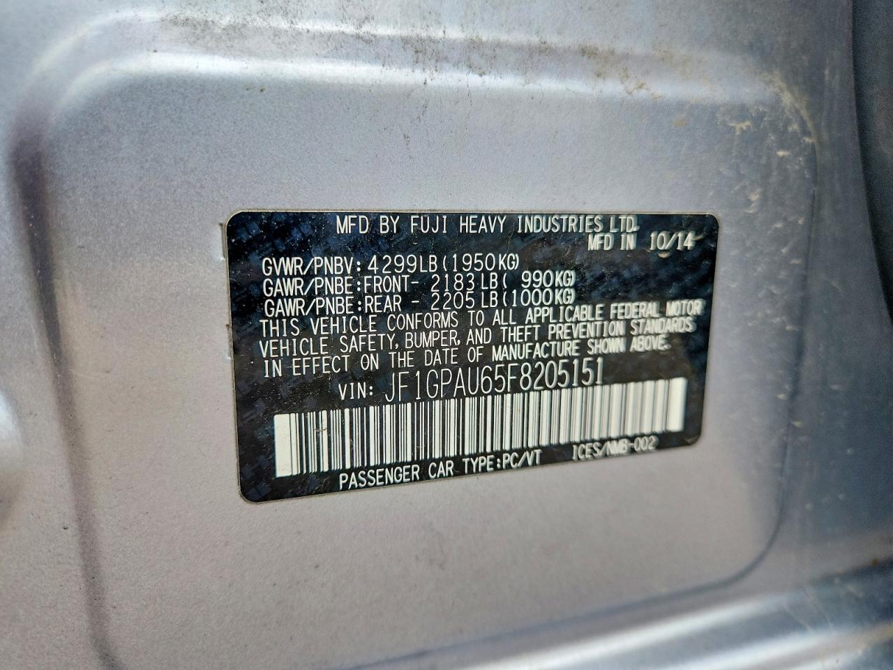 2015 Subaru Impreza Sport Silver vin: JF1GPAU65F8205151