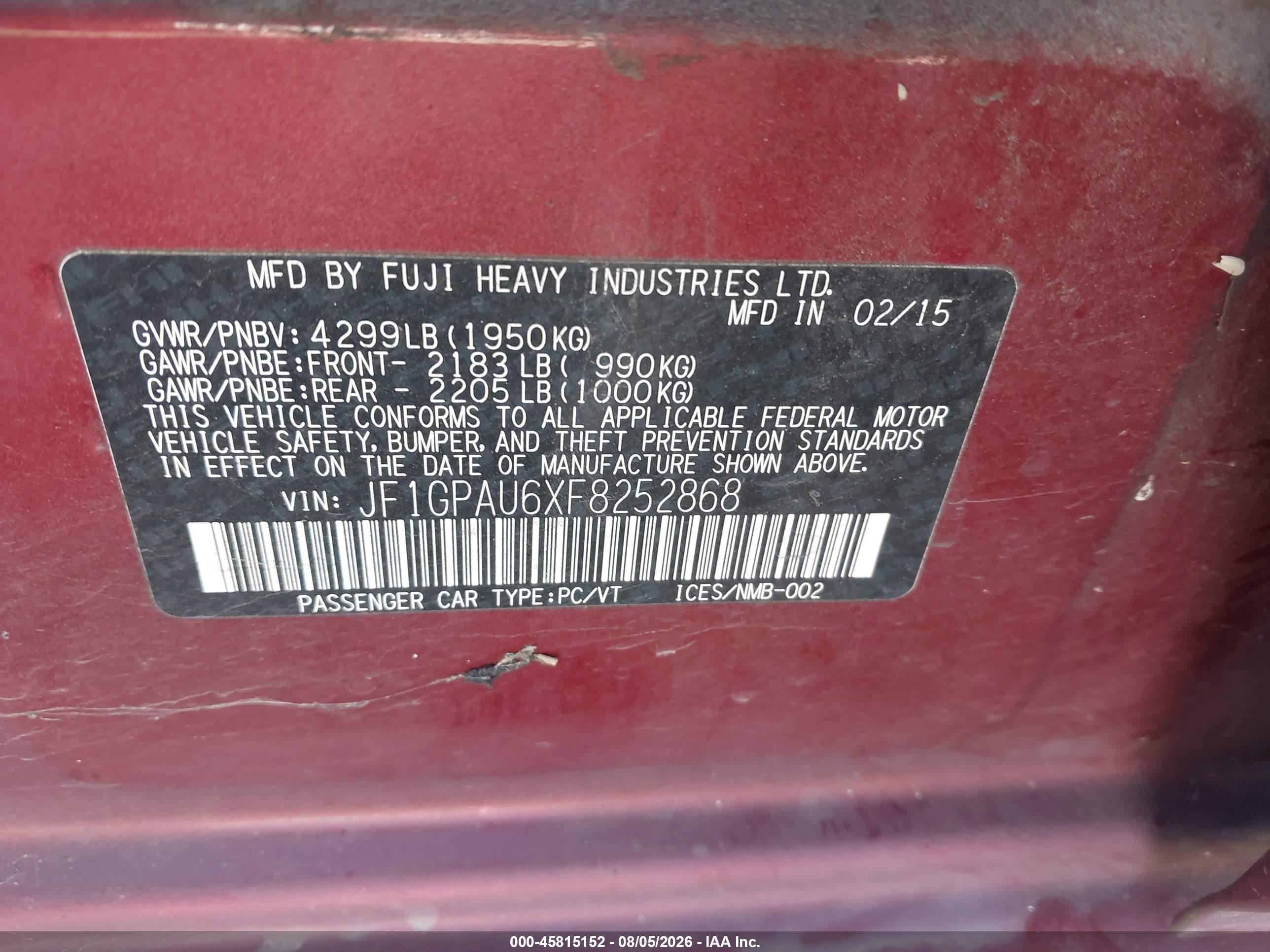2015 Subaru Impreza 2.0i Sport Premium Burgundy vin: JF1GPAU6XF8252868