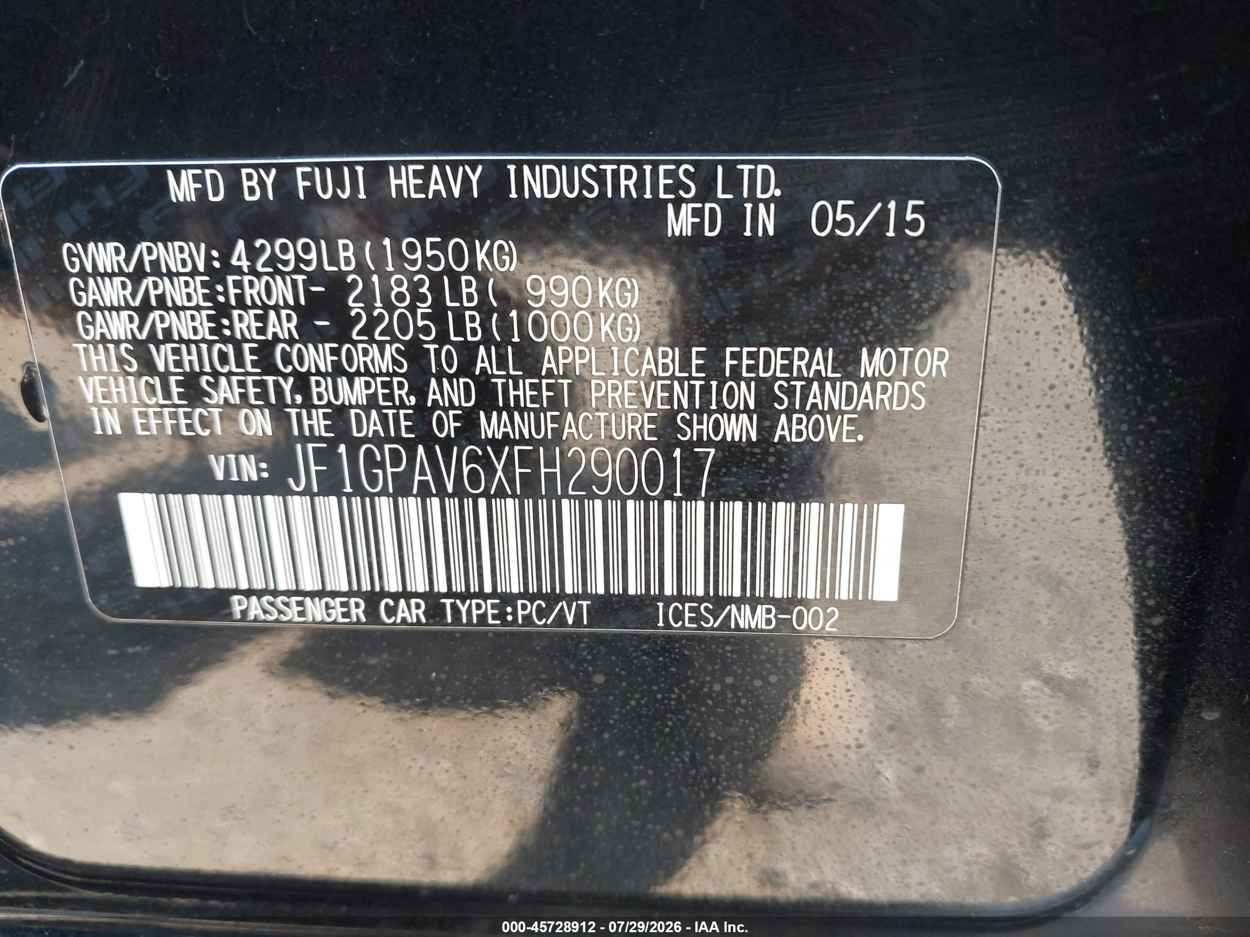 2015 Subaru Impreza 2.0i Sport Limited Black vin: JF1GPAV6XFH290017
