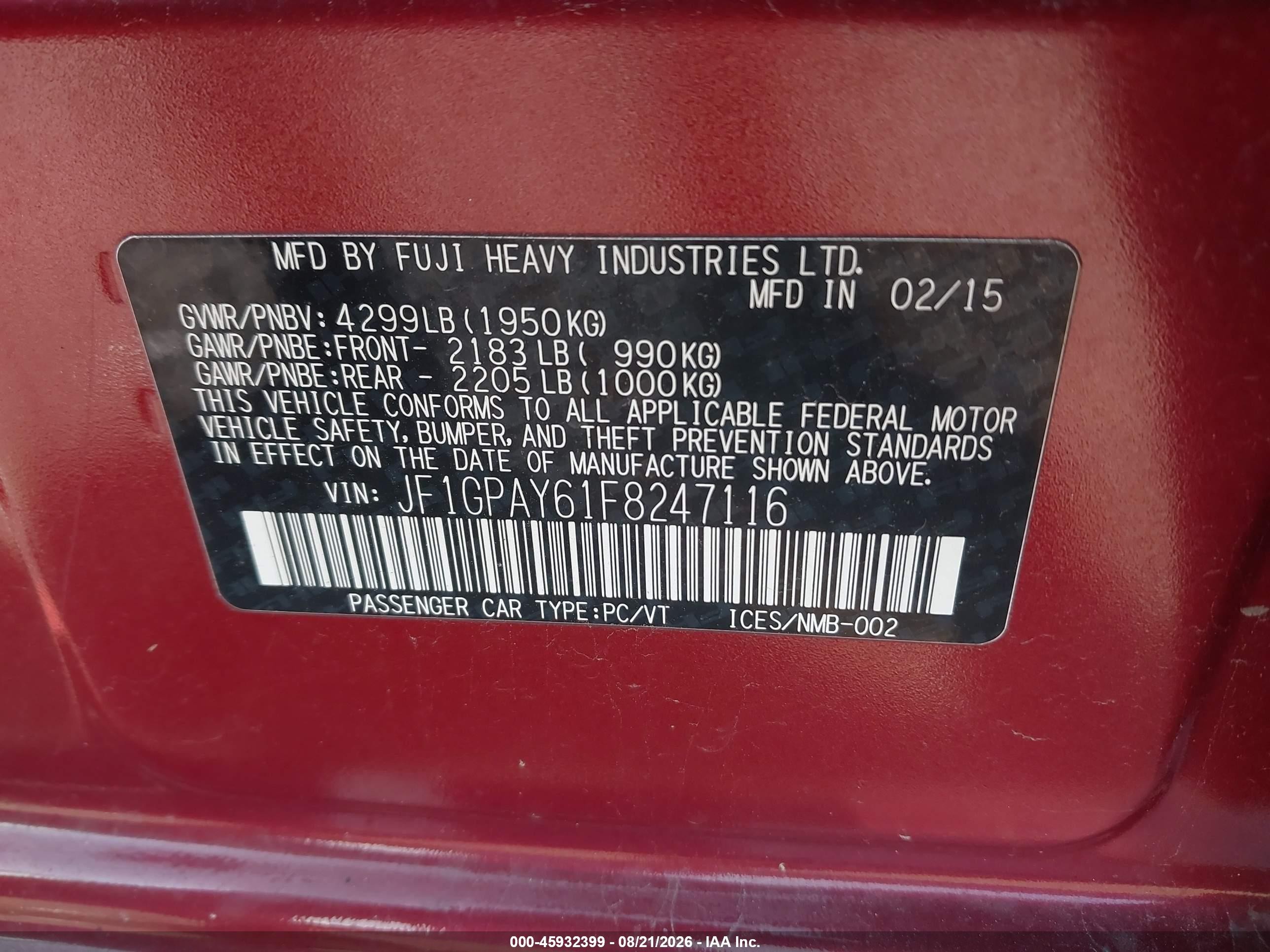 2015 Subaru Impreza Sport Красный vin: JF1GPAY61F8247116