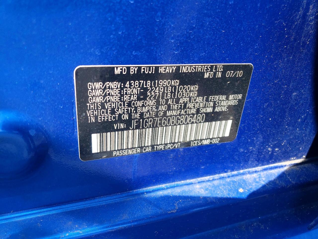 2011 Subaru Impreza Wrx Blue vin: JF1GR7E60BG806480