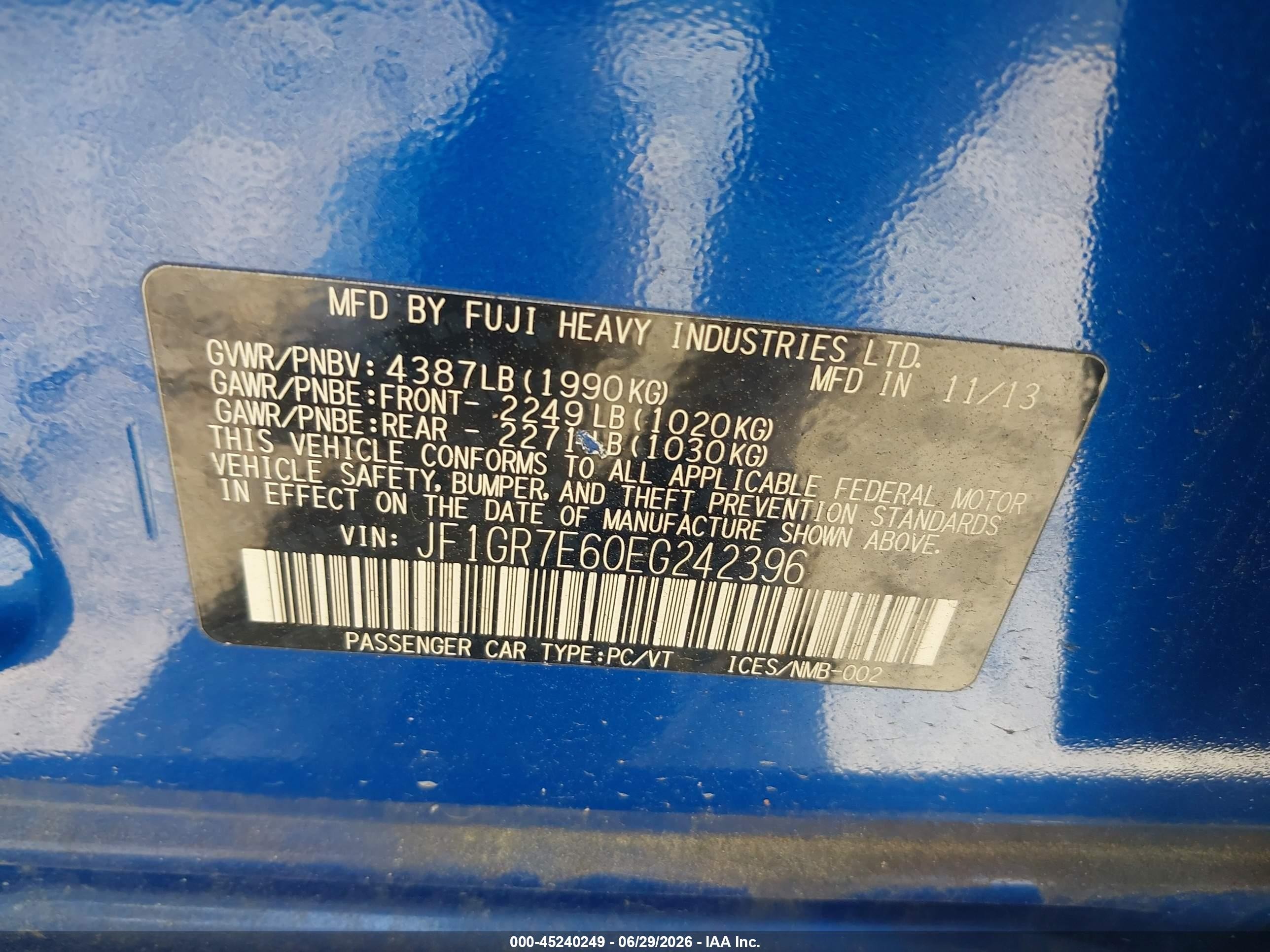 2014 Subaru Impreza Wrx   Blue vin: JF1GR7E60EG242396