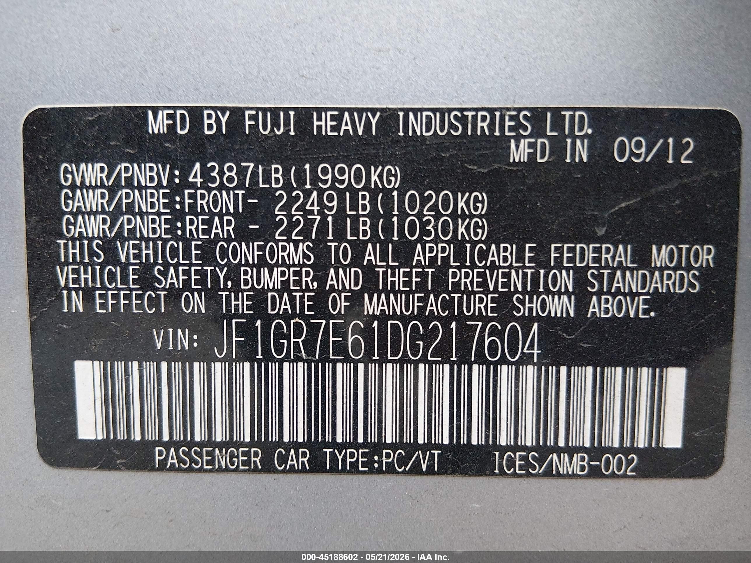2013 Subaru Impreza Wrx   Silver vin: JF1GR7E61DG217604