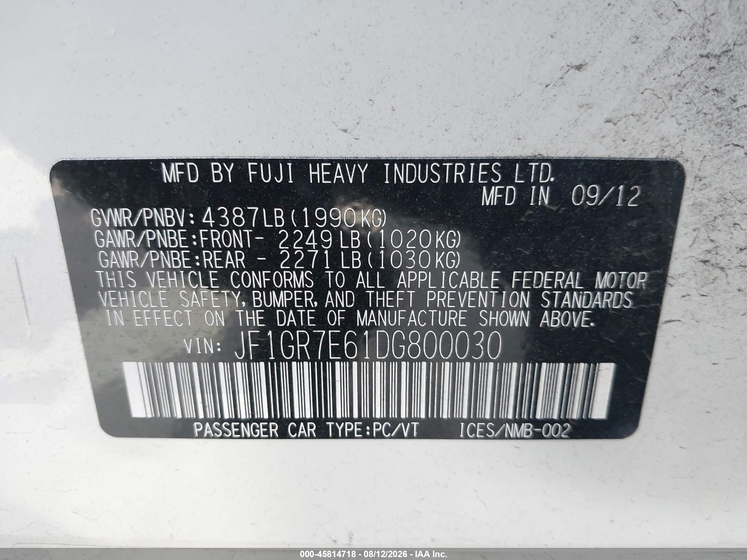 2013 Subaru Impreza Wrx   White vin: JF1GR7E61DG800030