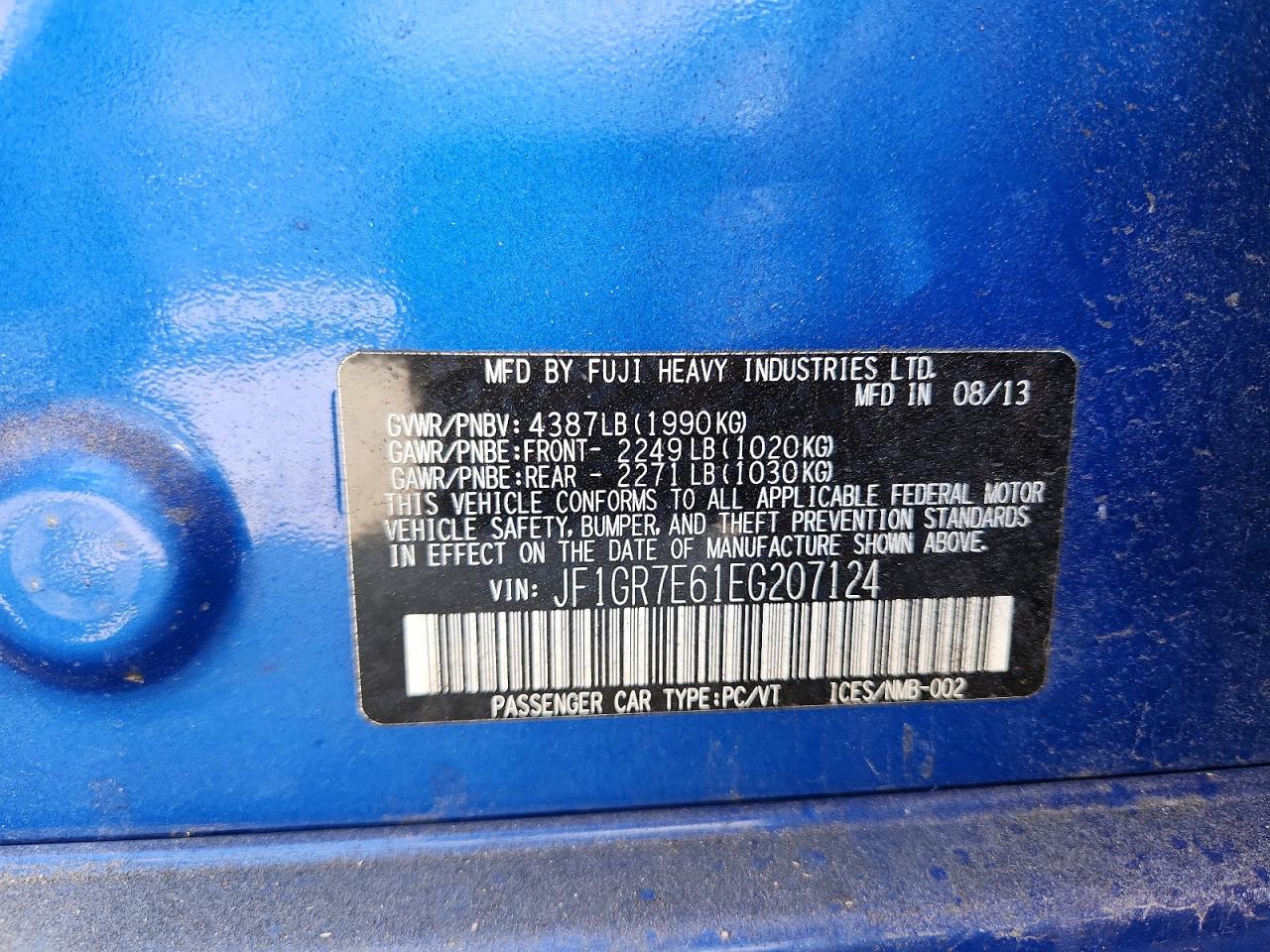2014 Subaru Impreza Wrx Blue vin: JF1GR7E61EG207124