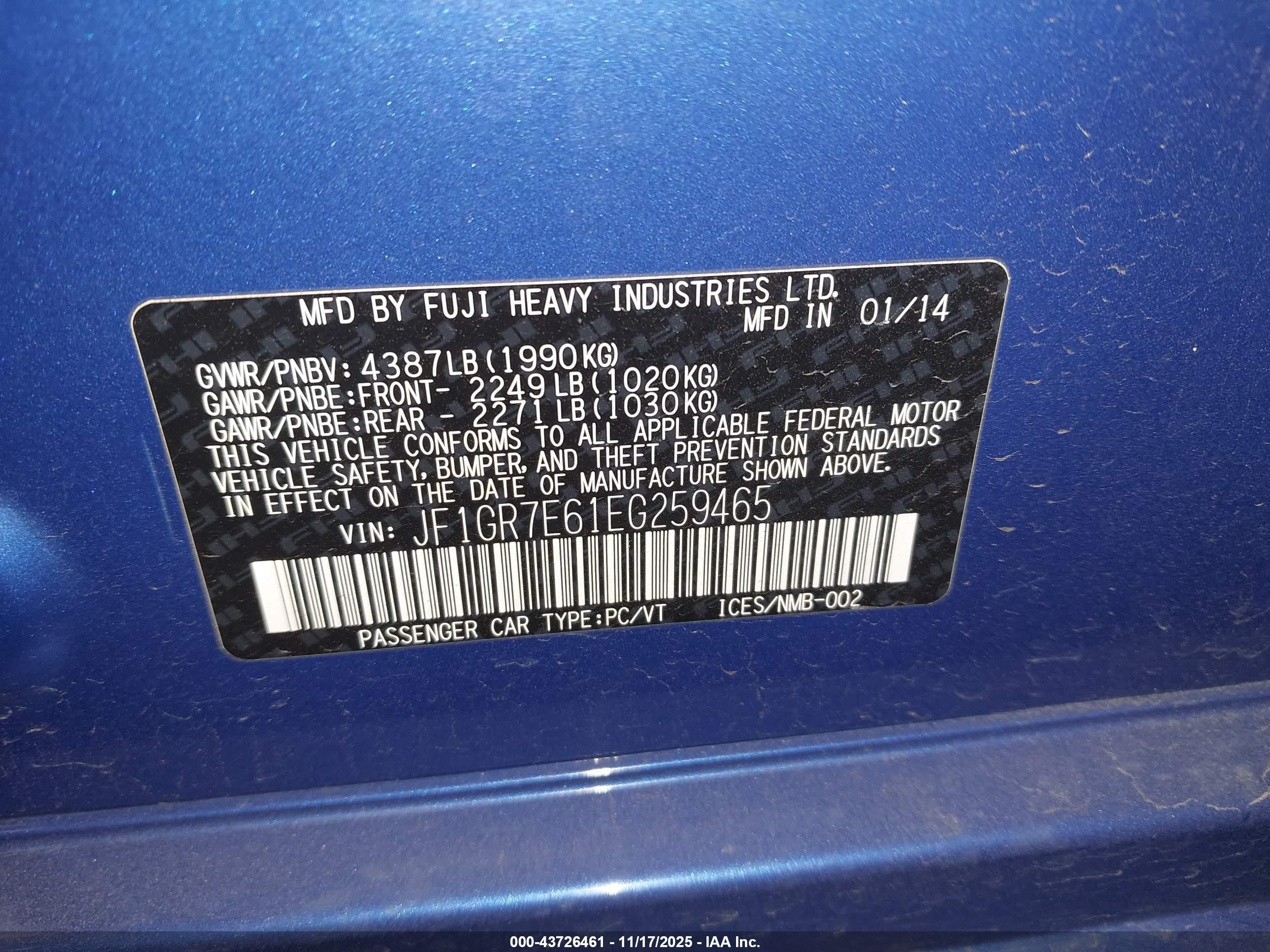 2014 Subaru Impreza Wrx   Синий vin: JF1GR7E61EG259465