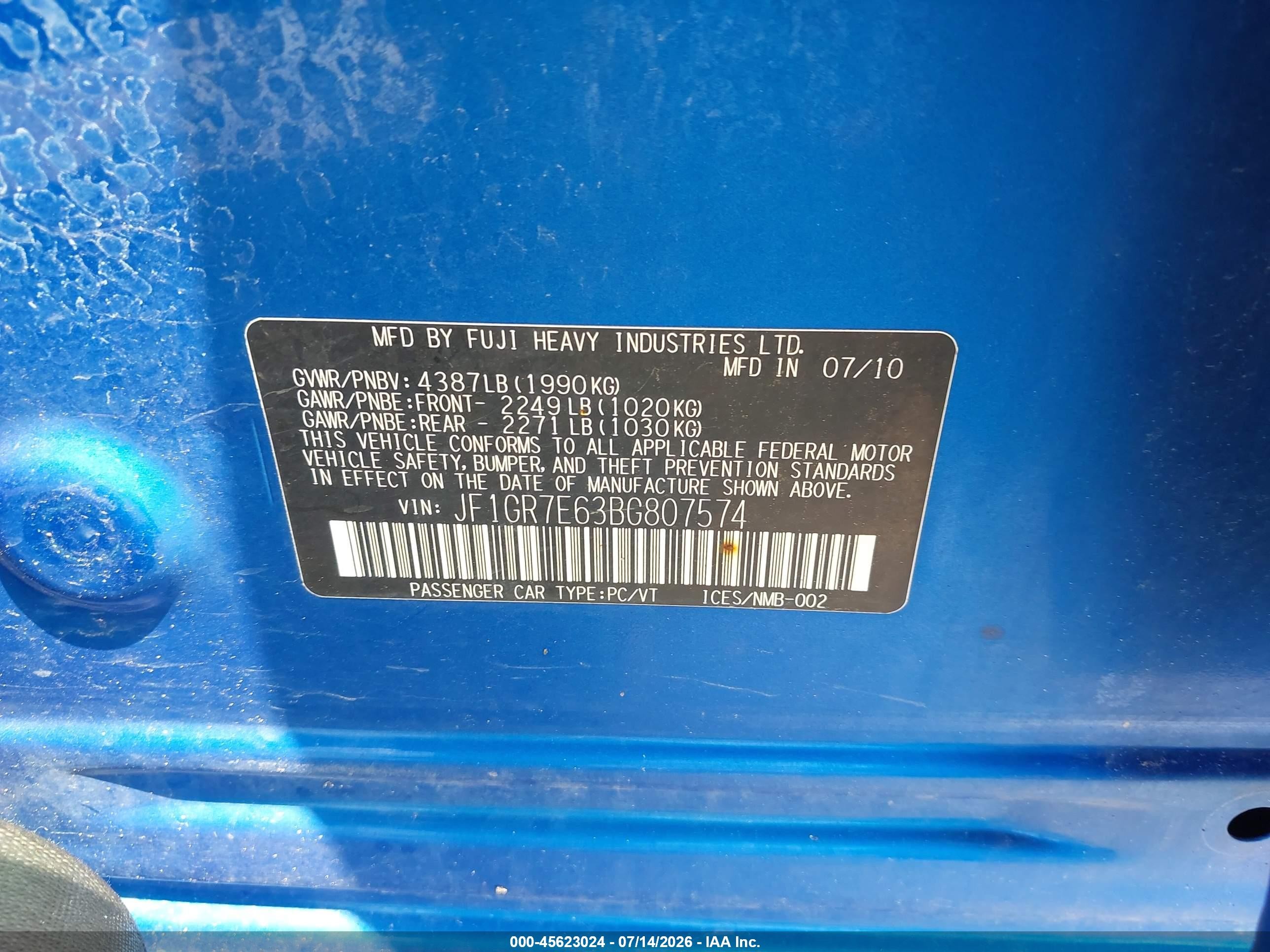 2011 Subaru Impreza Wrx Blue vin: JF1GR7E63BG807574