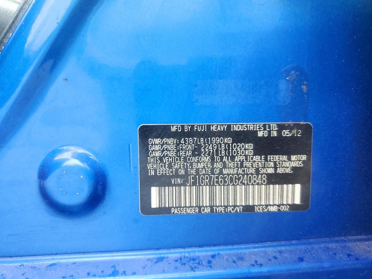 2012 Subaru Impreza Wrx Blue vin: JF1GR7E63CG240848
