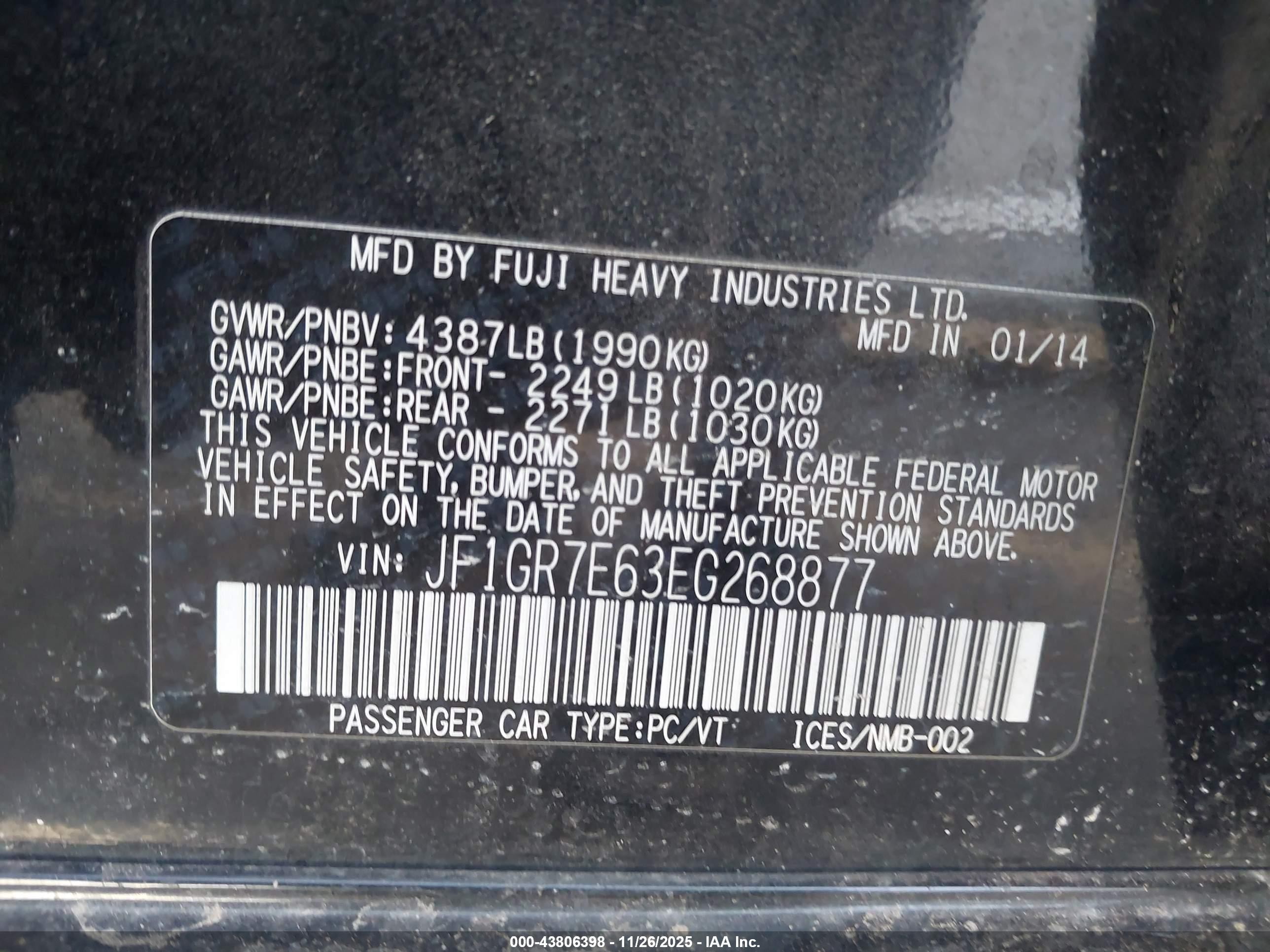 2014 Subaru Impreza Wrx   Black vin: JF1GR7E63EG268877
