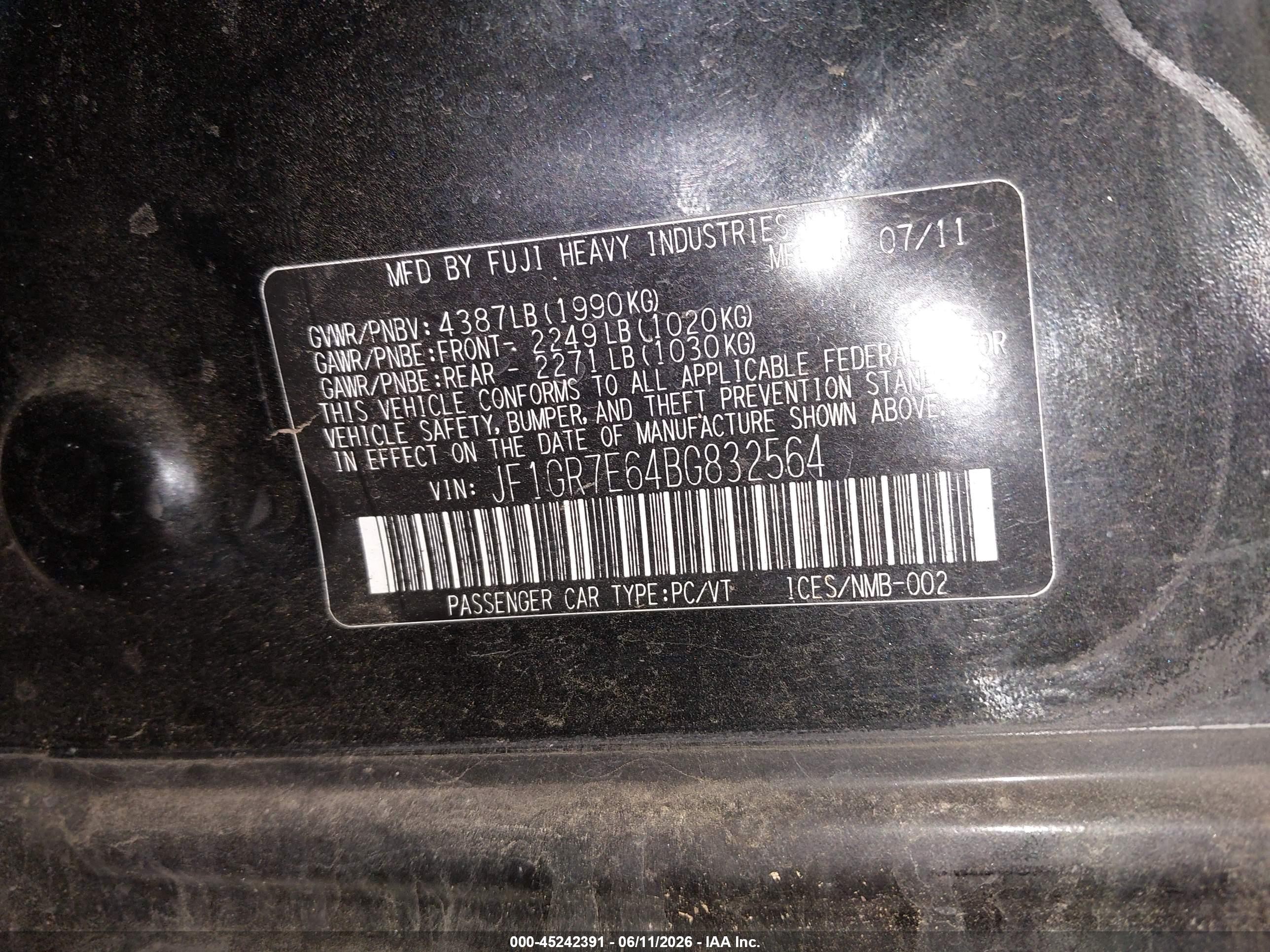 2011 Subaru Impreza Wrx Black vin: JF1GR7E64BG832564