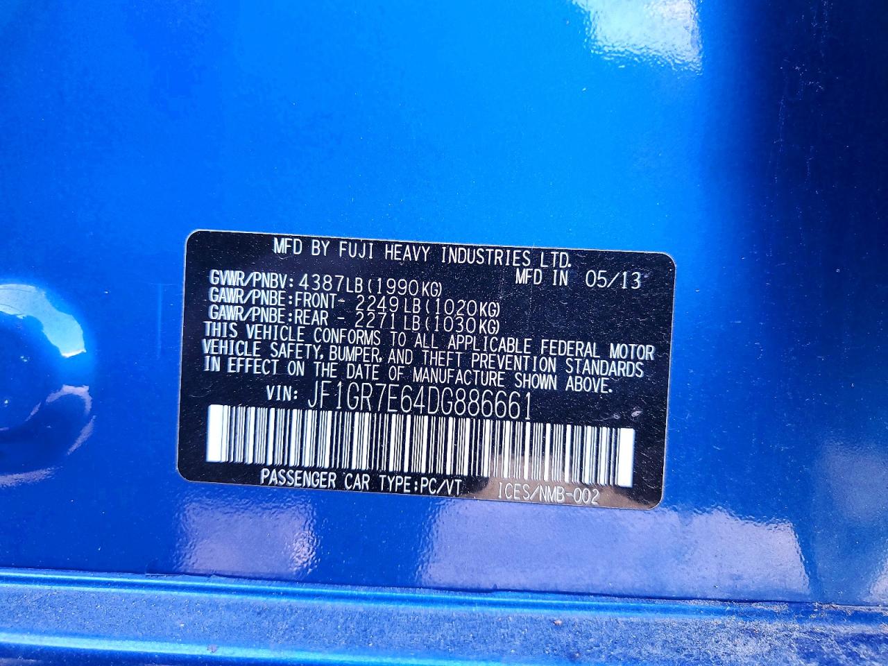 2013 Subaru Impreza Wrx Blue vin: JF1GR7E64DG886661