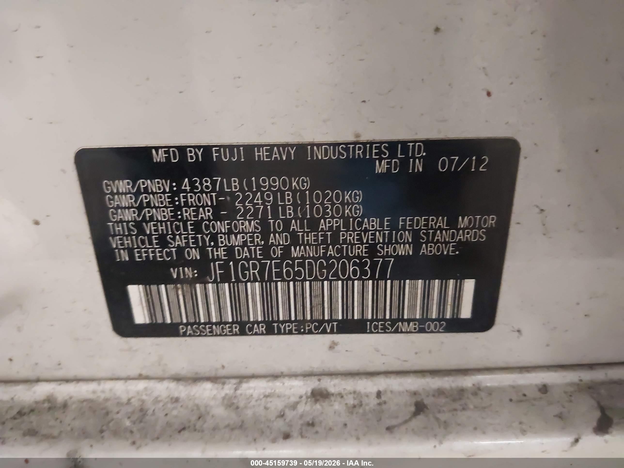 2013 Subaru Impreza Wrx   White vin: JF1GR7E65DG206377