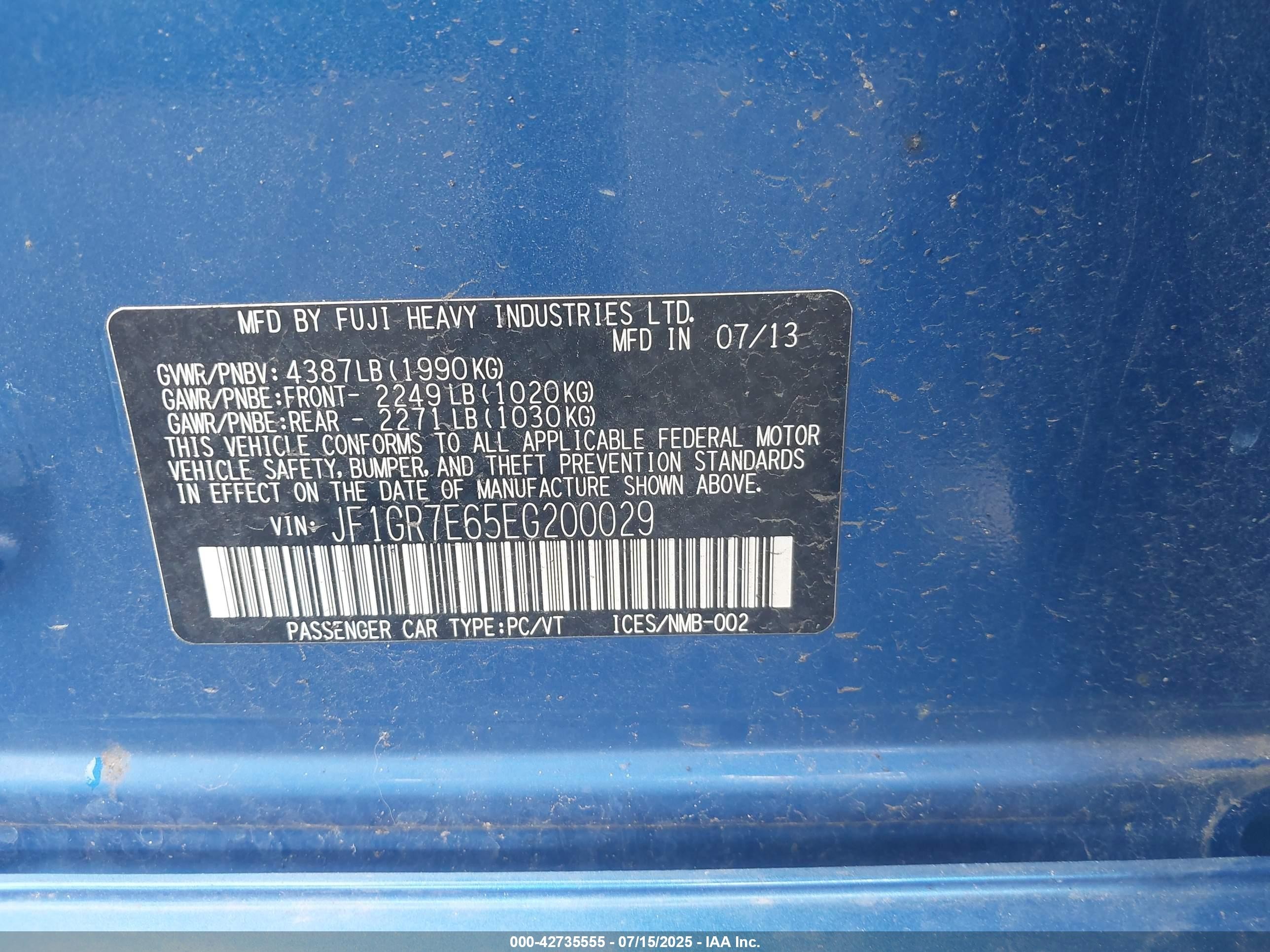 2014 Subaru Impreza Wrx   Blue vin: JF1GR7E65EG200029