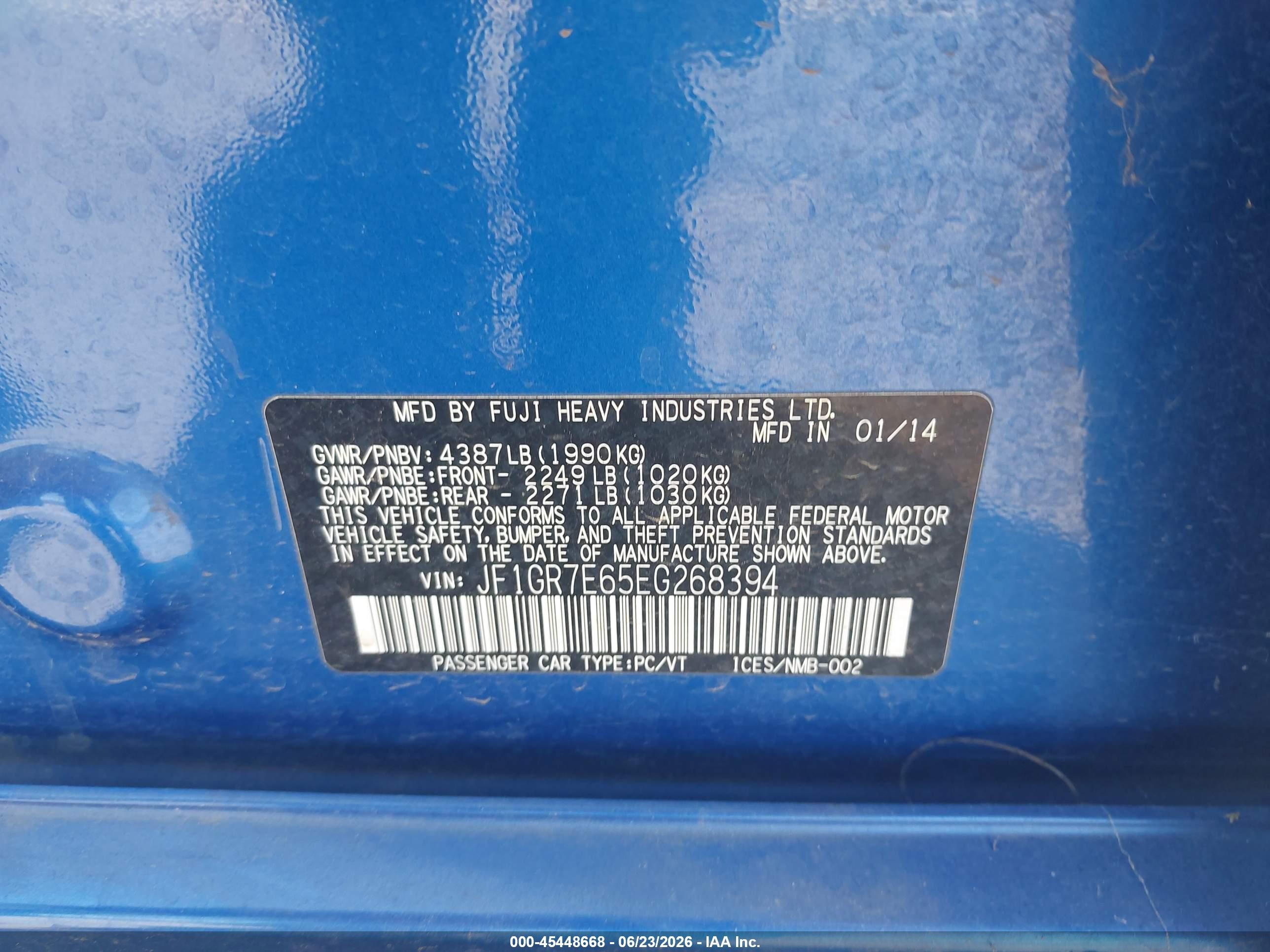 2014 Subaru Impreza Wrx   Серый vin: JF1GR7E65EG268394