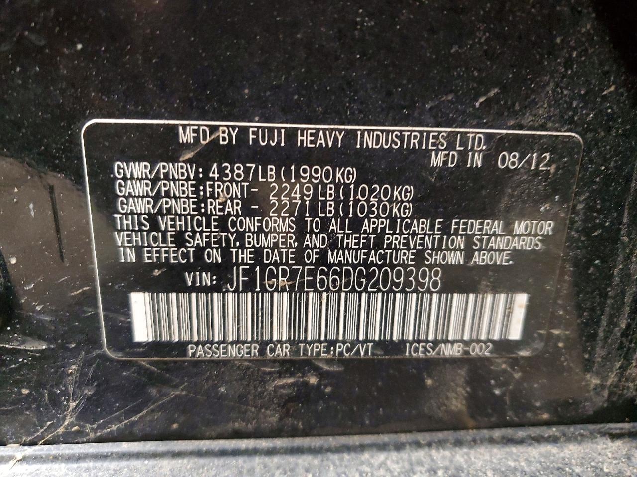 2013 Subaru Impreza Wrx Black vin: JF1GR7E66DG209398