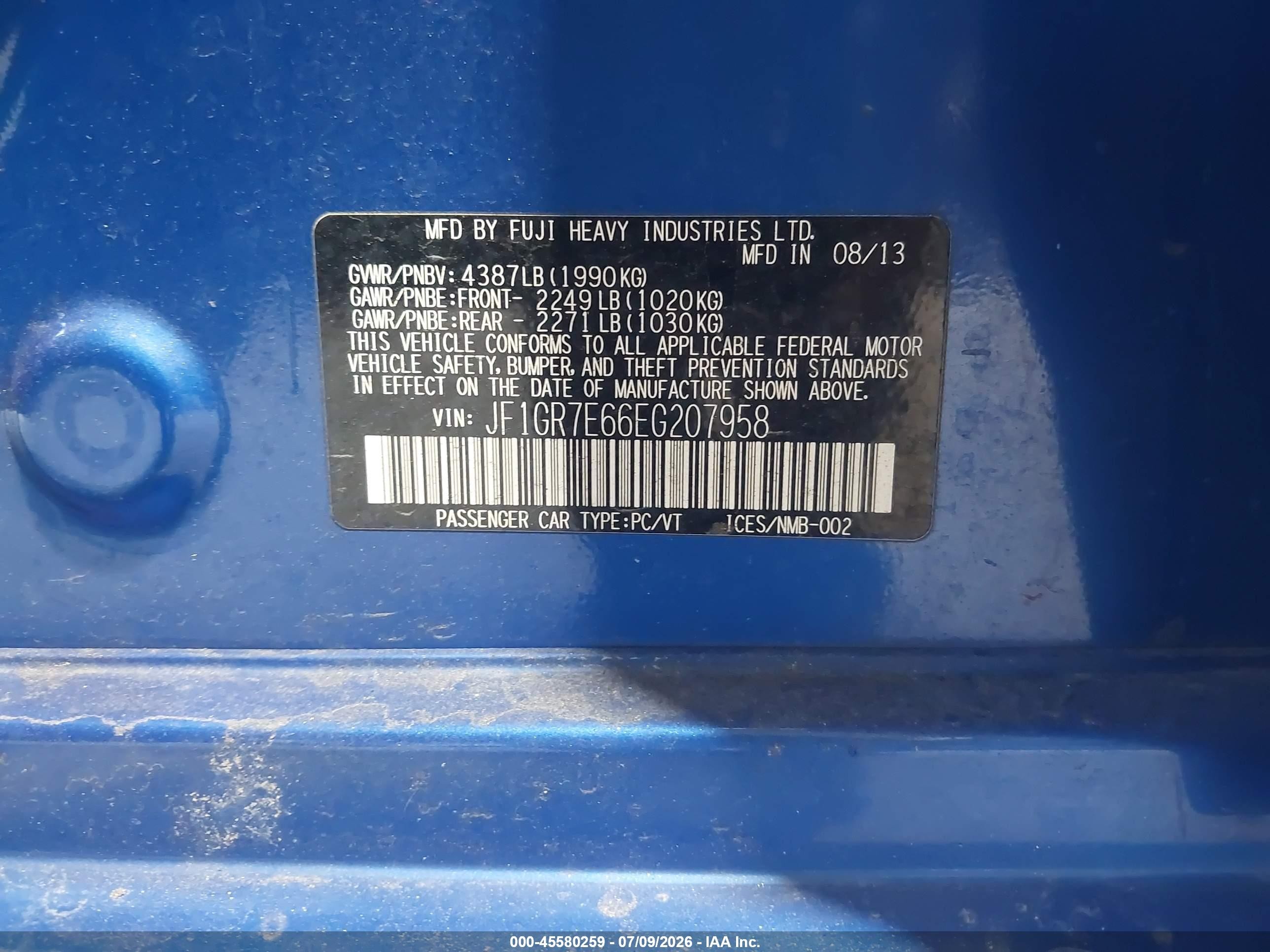 2014 Subaru Impreza Wrx   Blue vin: JF1GR7E66EG207958