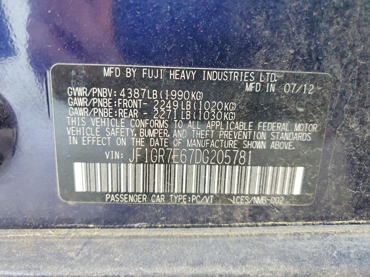 2013 Subaru Impreza Wrx Blue vin: JF1GR7E67DG205781
