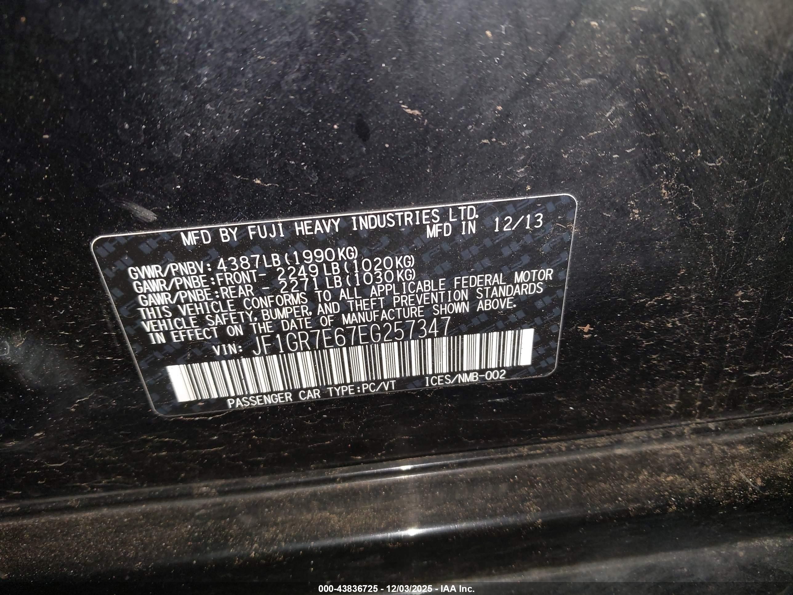 2014 Subaru Impreza Wrx   Black vin: JF1GR7E67EG257347