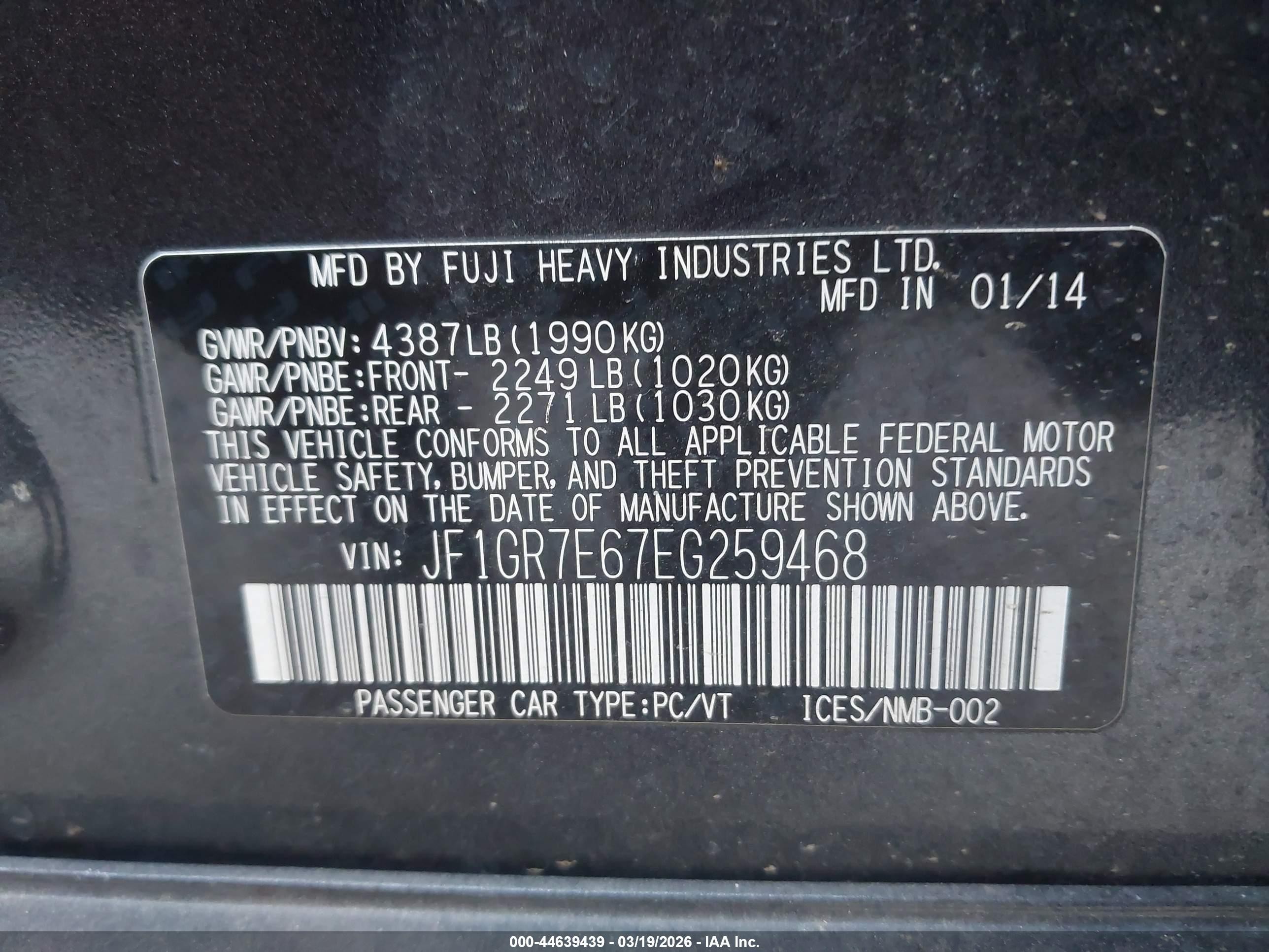 2014 Subaru Impreza Wrx Premium Black vin: JF1GR7E67EG259468