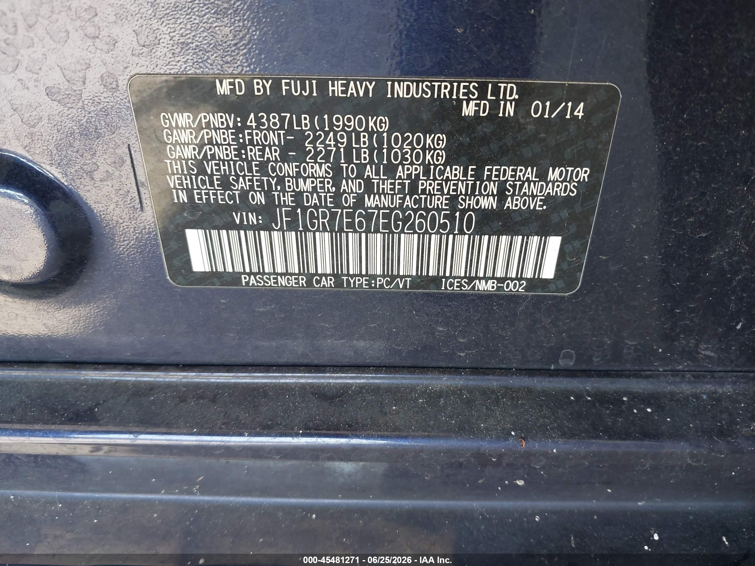 2014 Subaru Impreza Wrx Premium Dark Blue vin: JF1GR7E67EG260510