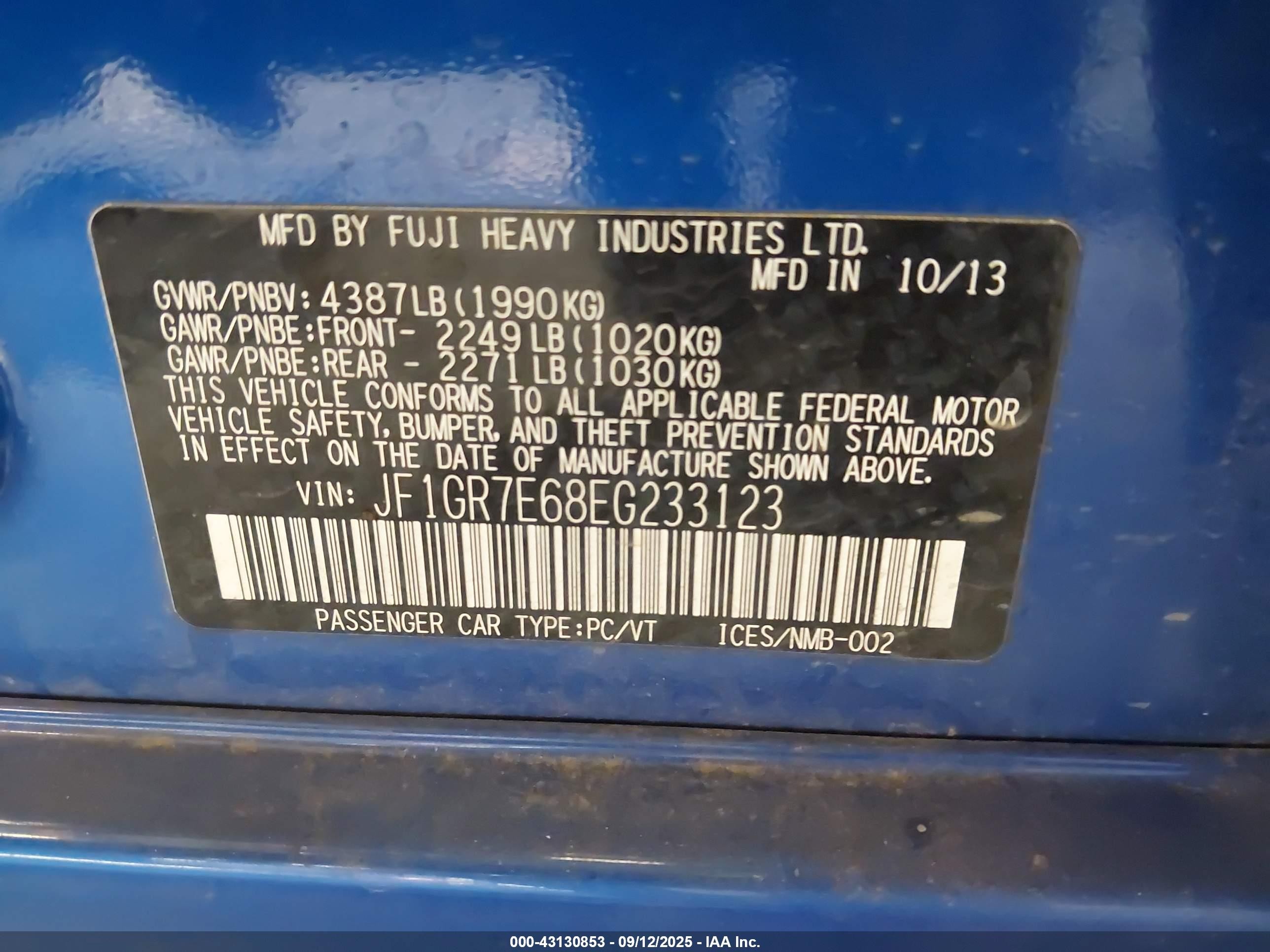 2014 Subaru Impreza Wrx Limited Синий vin: JF1GR7E68EG233123