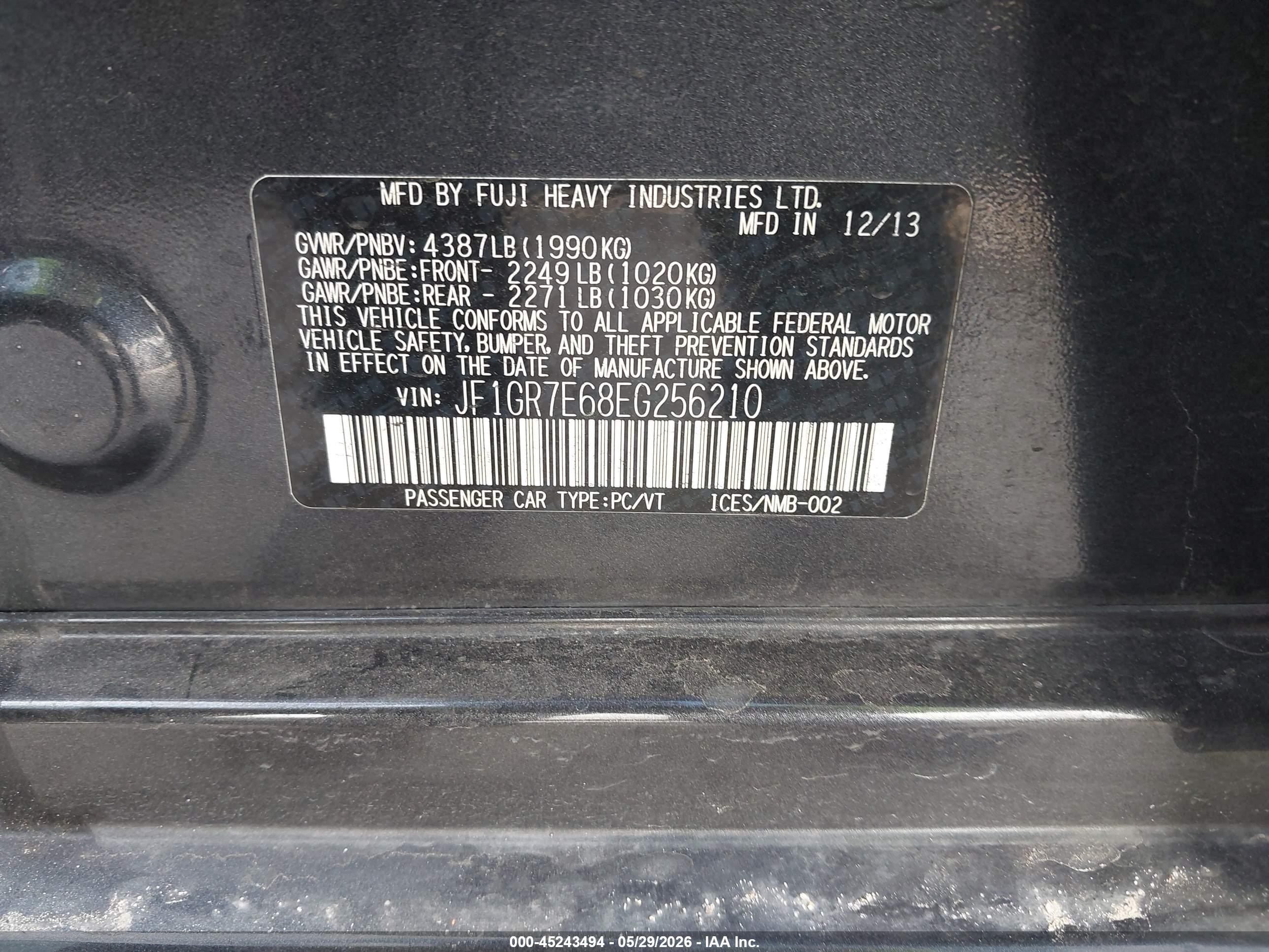 2014 Subaru Impreza Wrx   Серый vin: JF1GR7E68EG256210