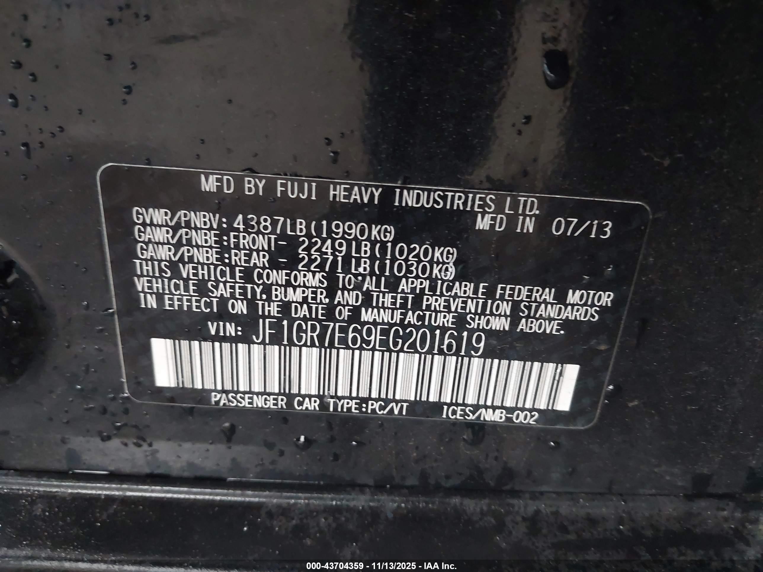 2014 Subaru Impreza Wrx   Черный vin: JF1GR7E69EG201619