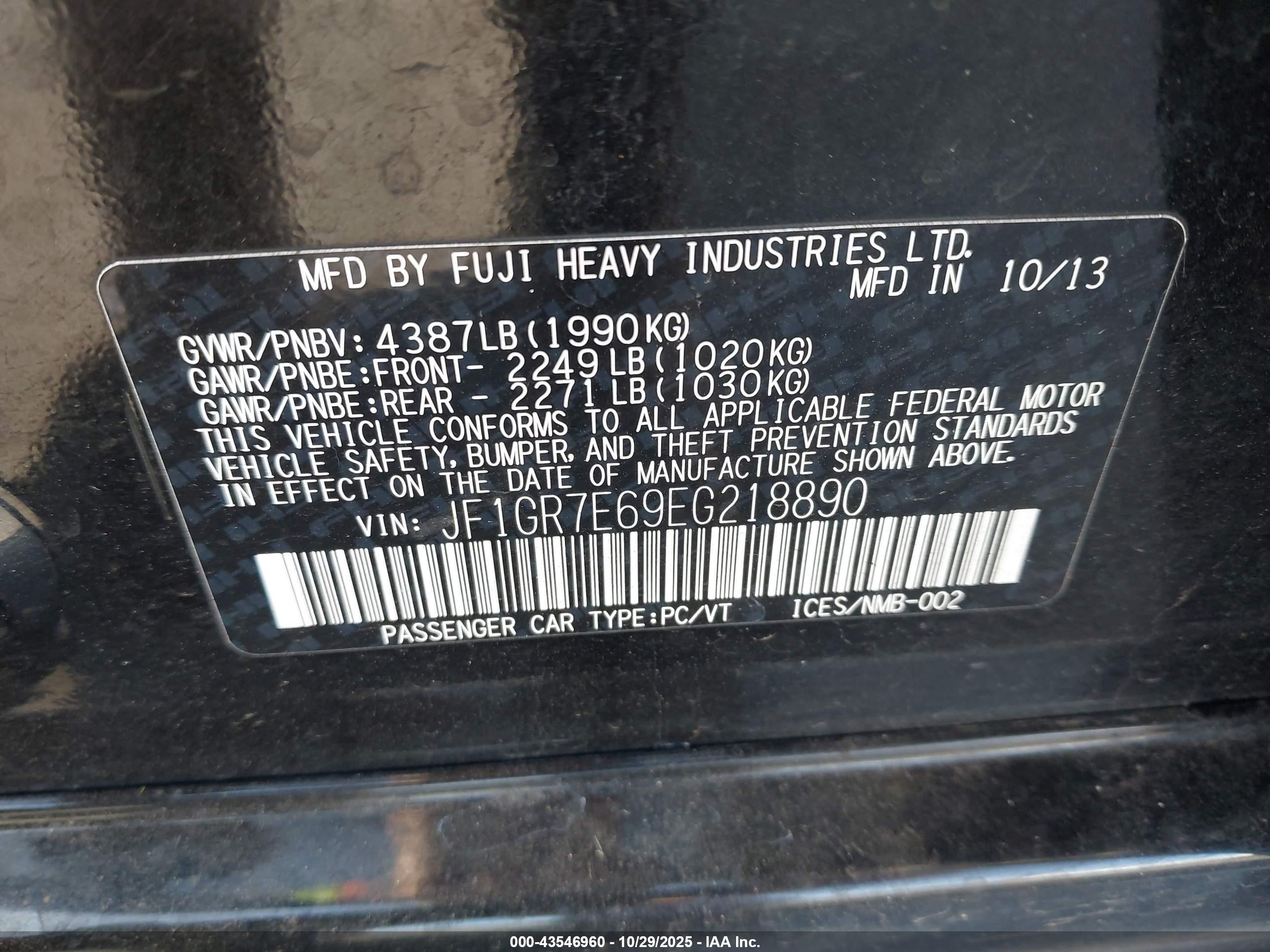2014 Subaru Impreza Wrx   Black vin: JF1GR7E69EG218890